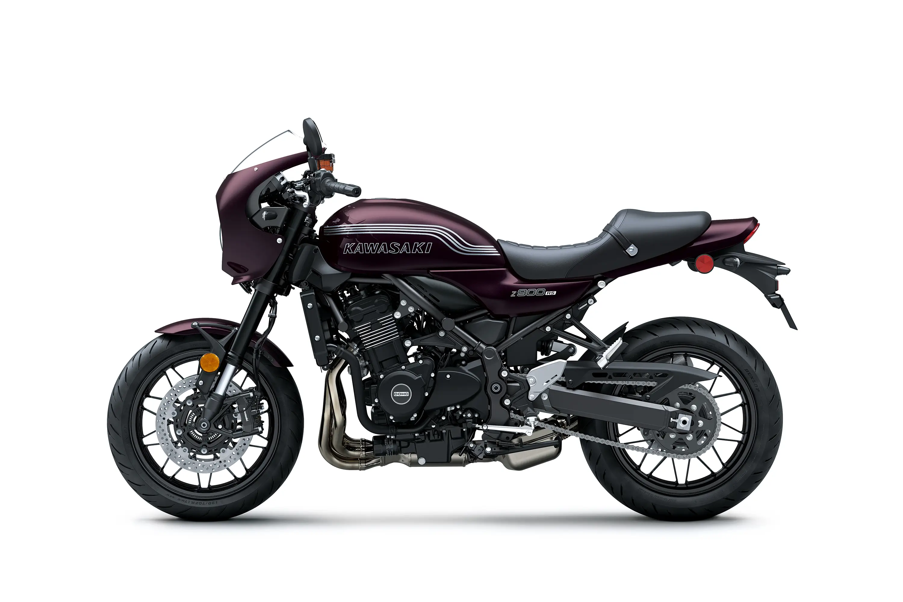 Profile angle of a motorcycle staged in a white studio background.