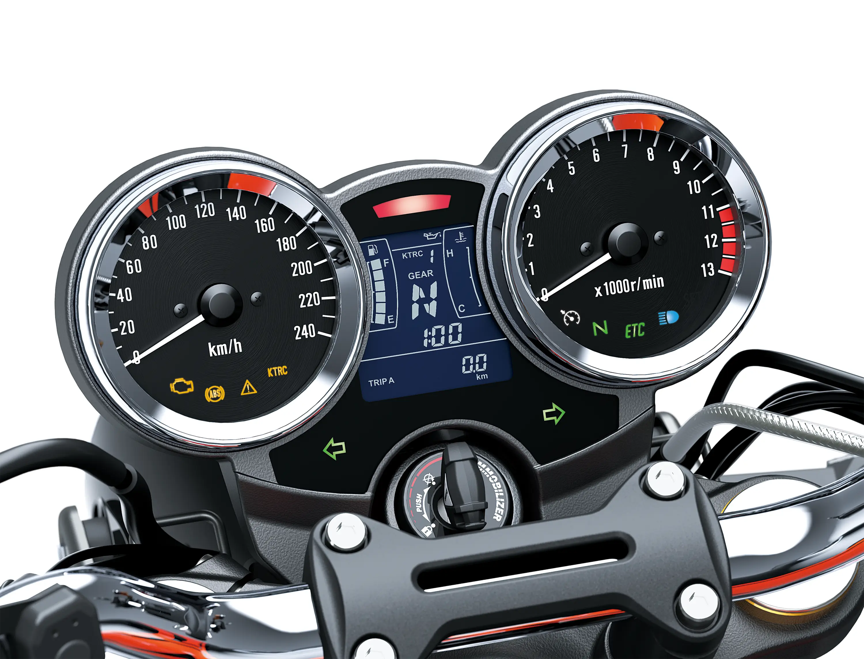Close-up of the analog-style gauge of a motorcycle staged in a white studio background.