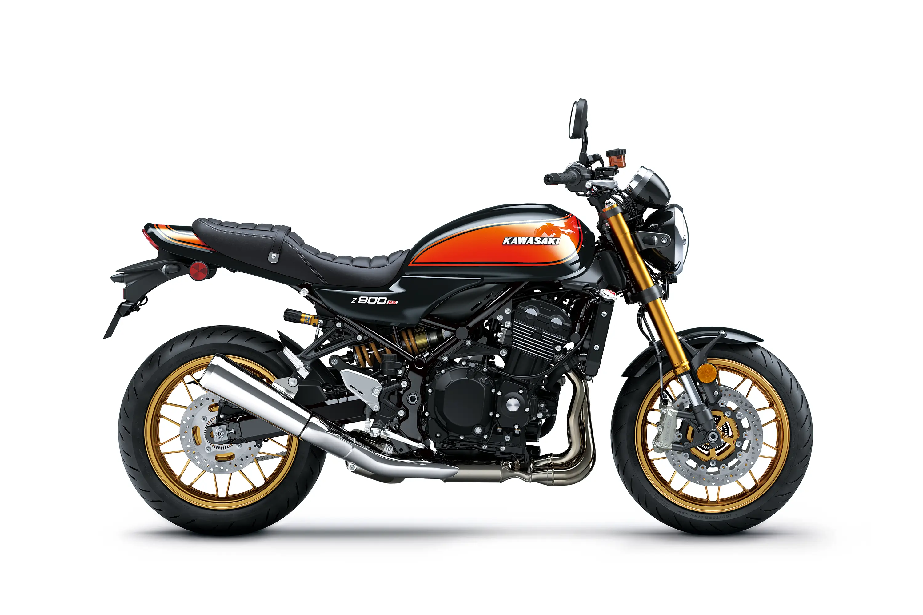 Profile angle of a motorcycle staged in a white studio background.