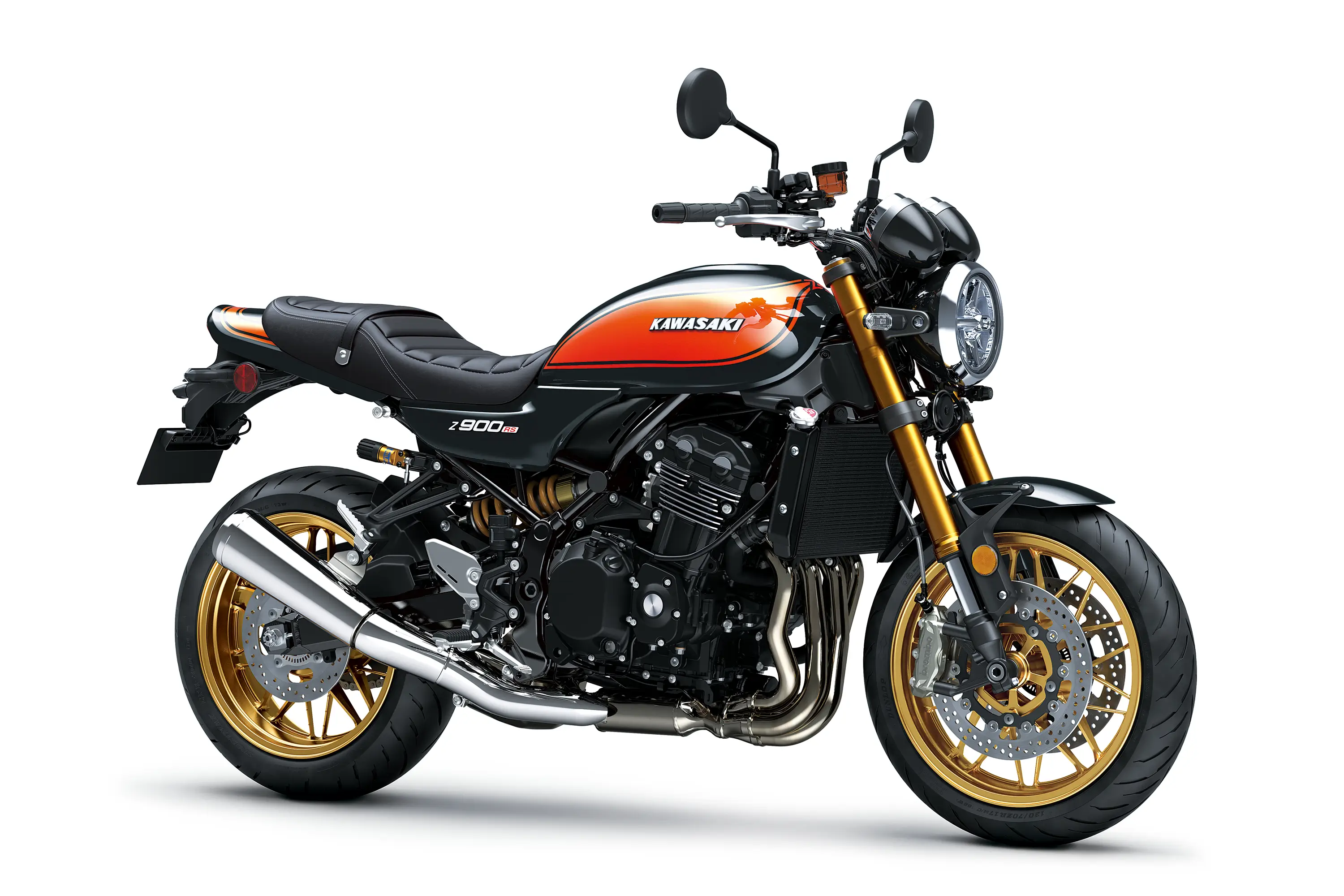 Three-quarter front angle of a motorcycle staged in a white studio background.