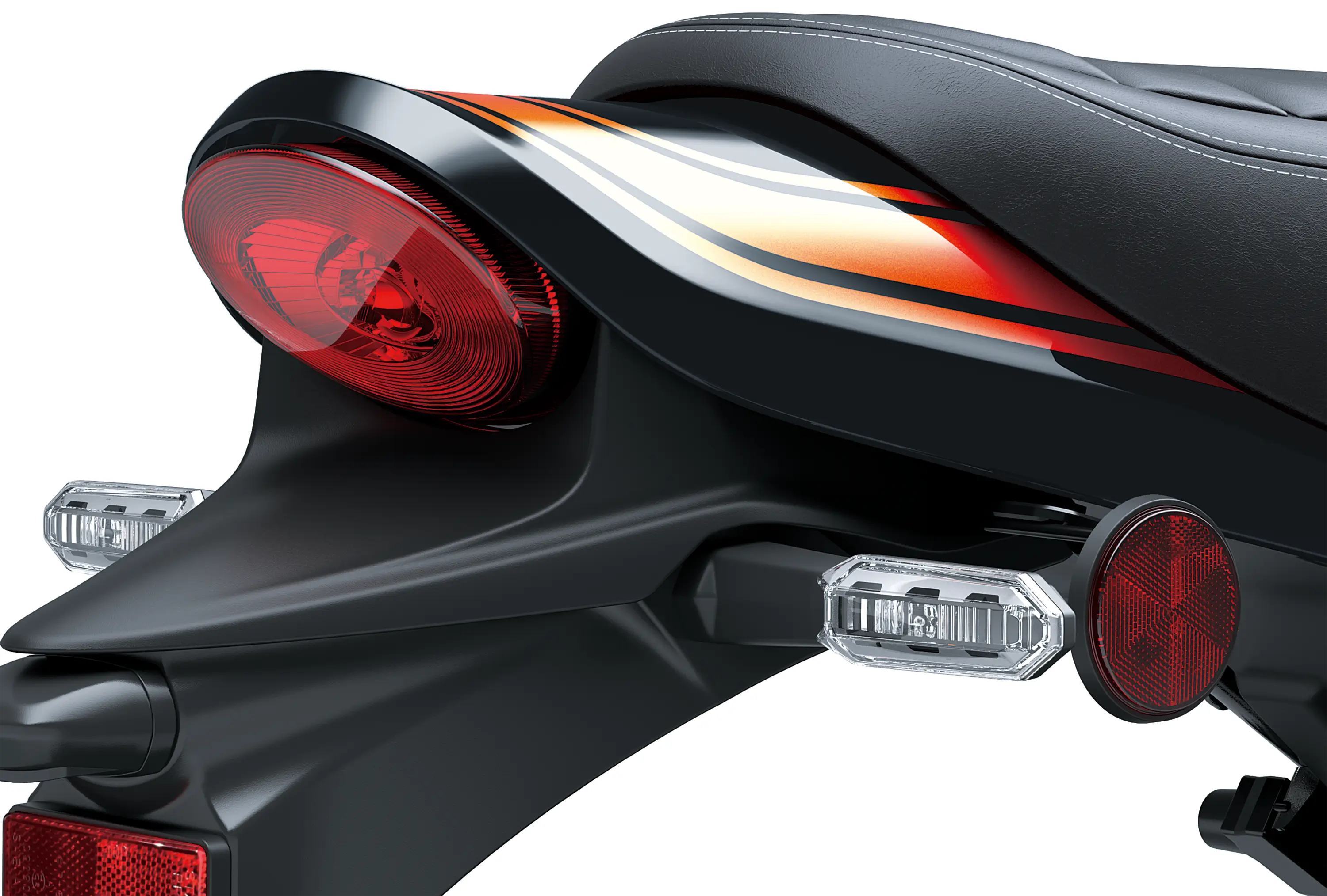 Close-up of the rear fender of a motorcycle staged in a white studio background.