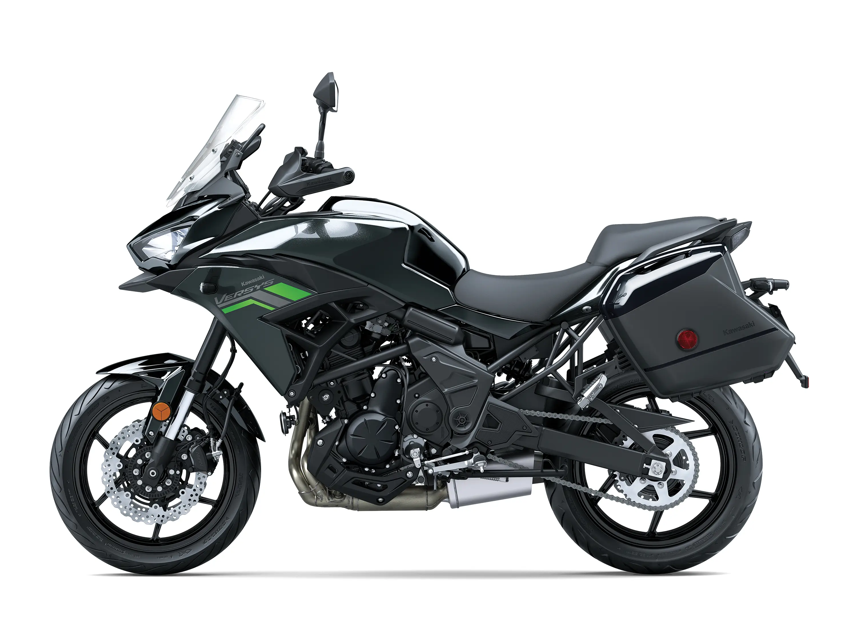 Profile angle of a motorcycle staged in a white studio background.