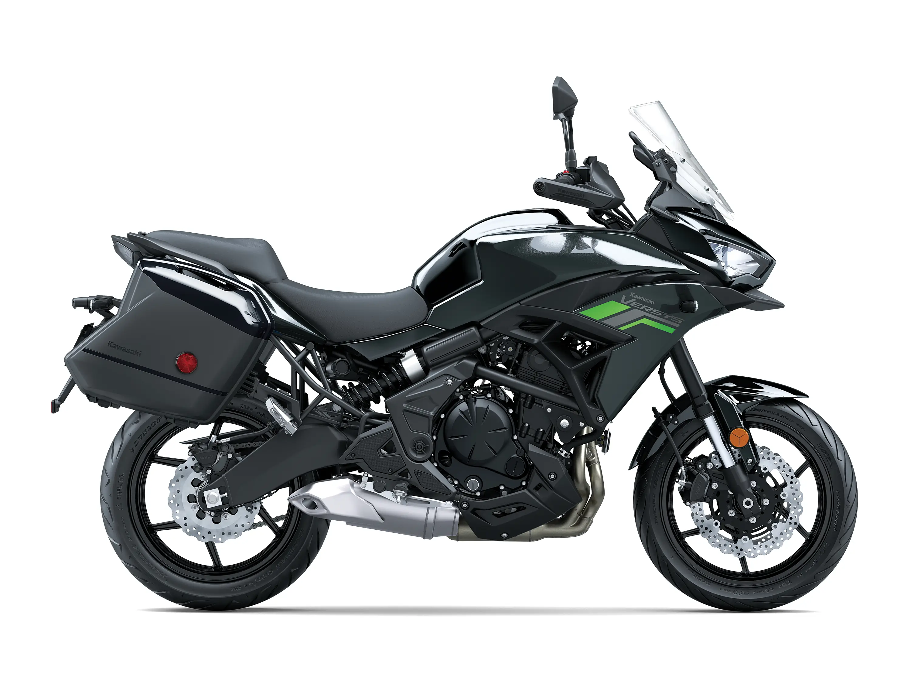 Side angle of a motorcycle staged in a white studio background.