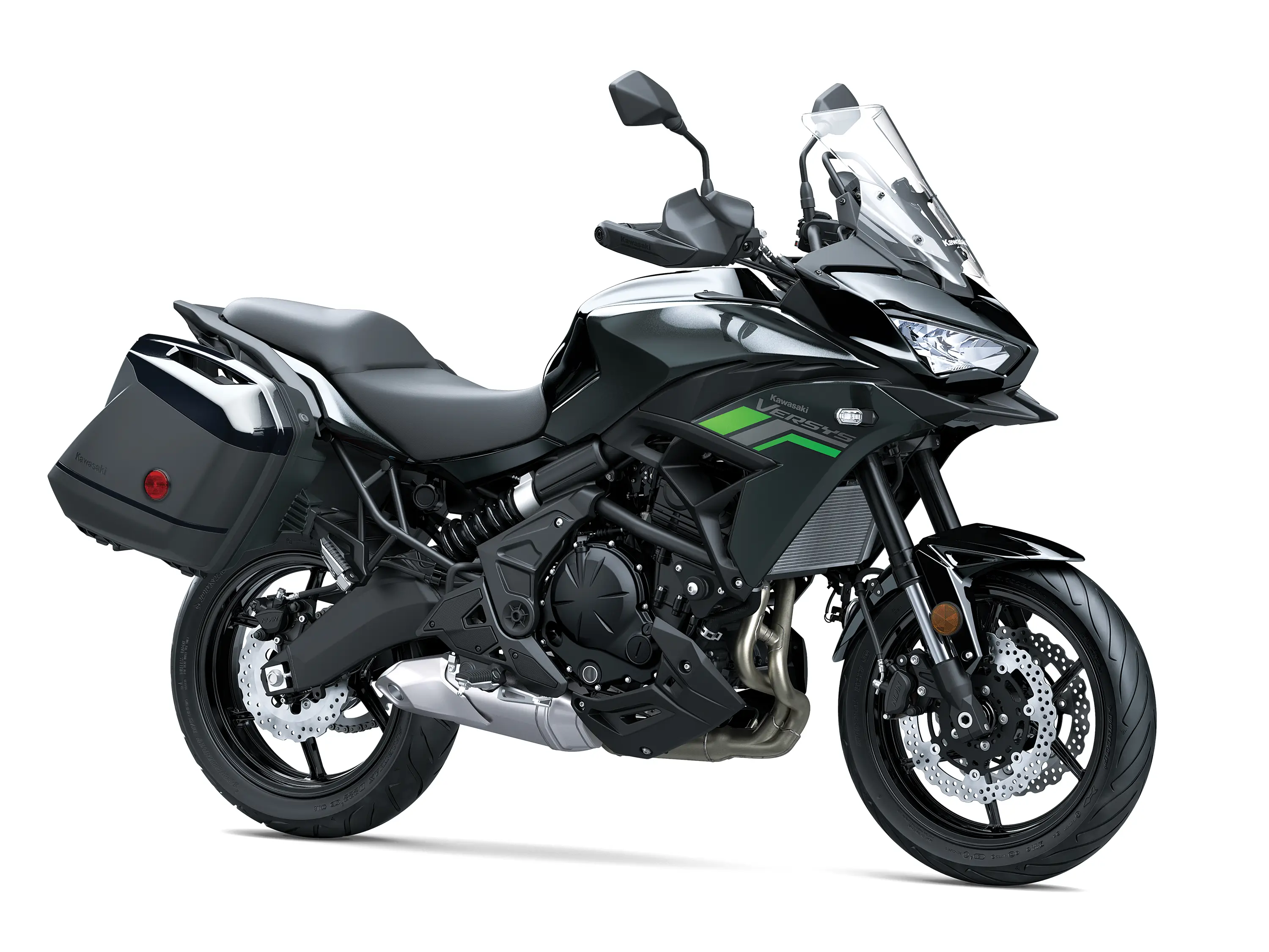 Three-quarter front angle of a motorcycle staged in a white studio background.