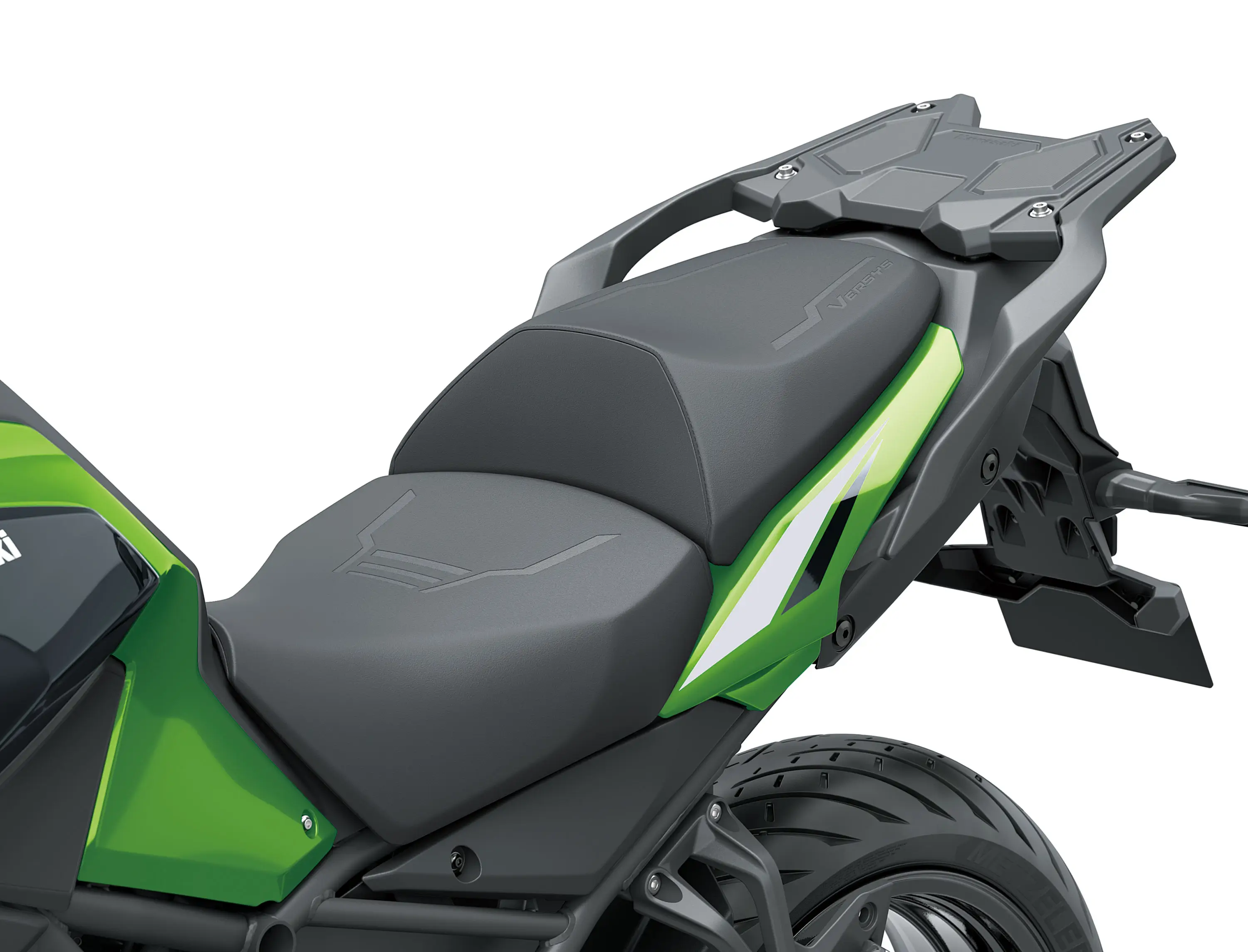 Seat of a motorcycle staged in a white studio background.