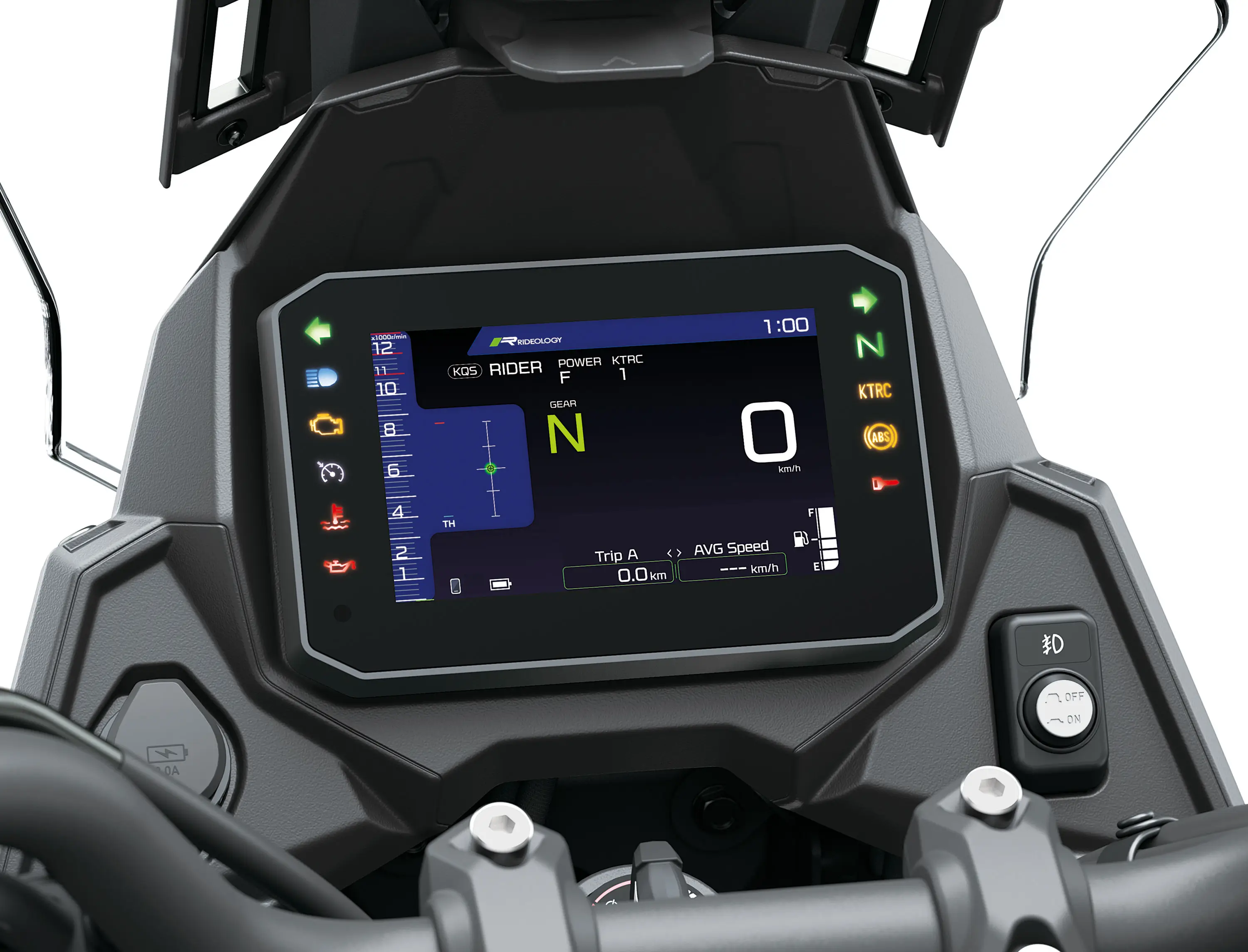 TFT screen of a motorcycle staged in a white studio background.