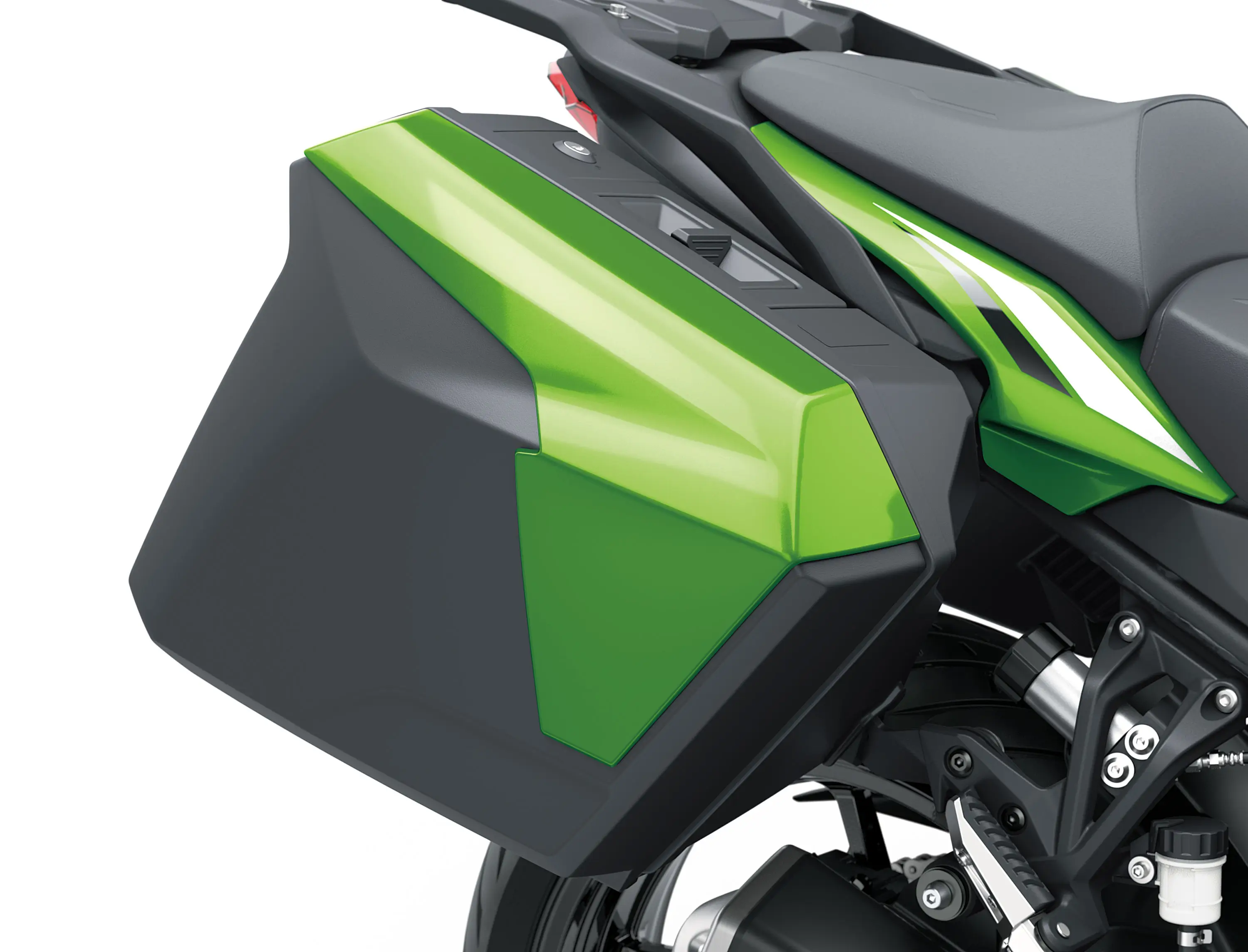 Side case of a motorcycle staged in a white studio background.