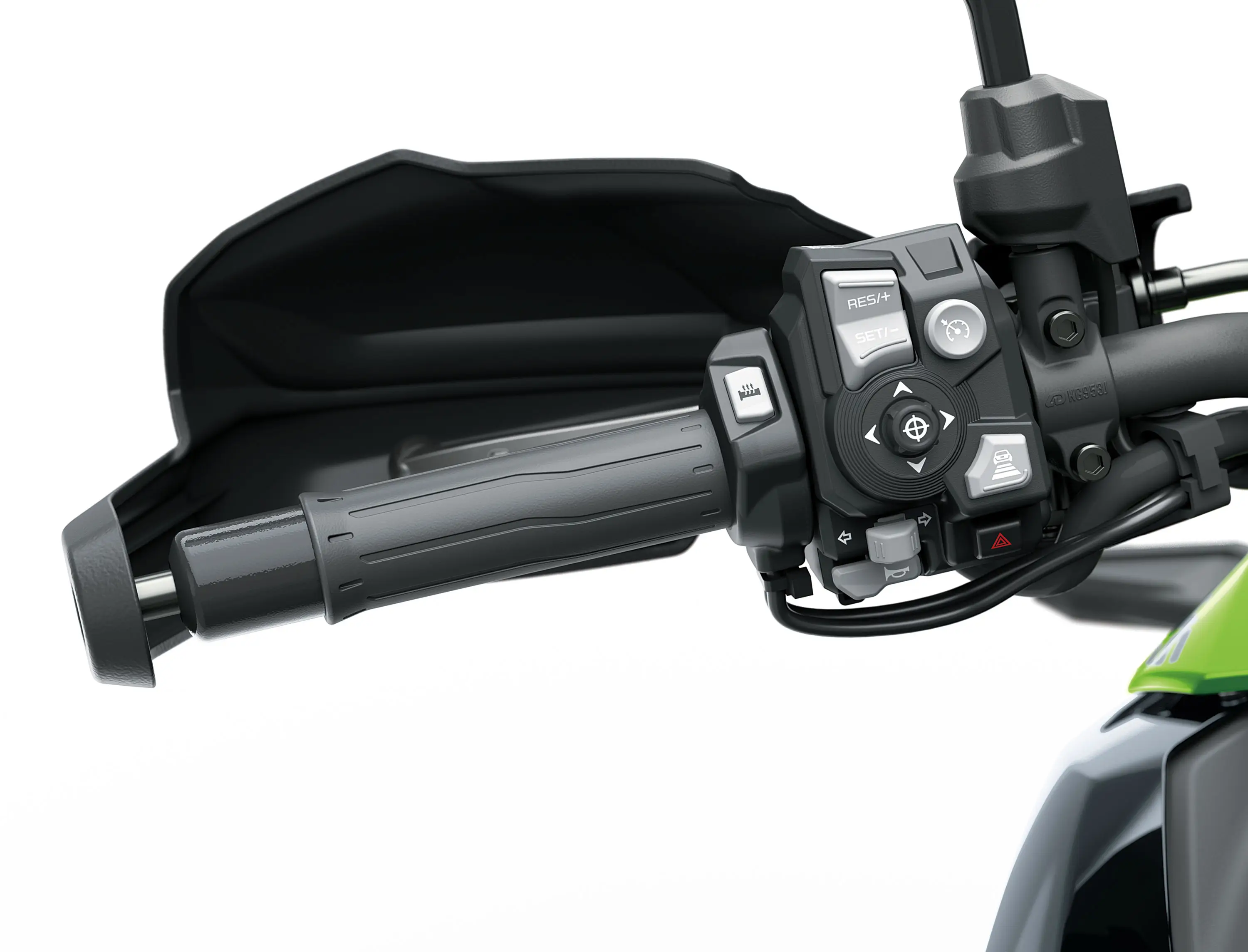 Left handlebar of a motorcycle staged in a white studio background.