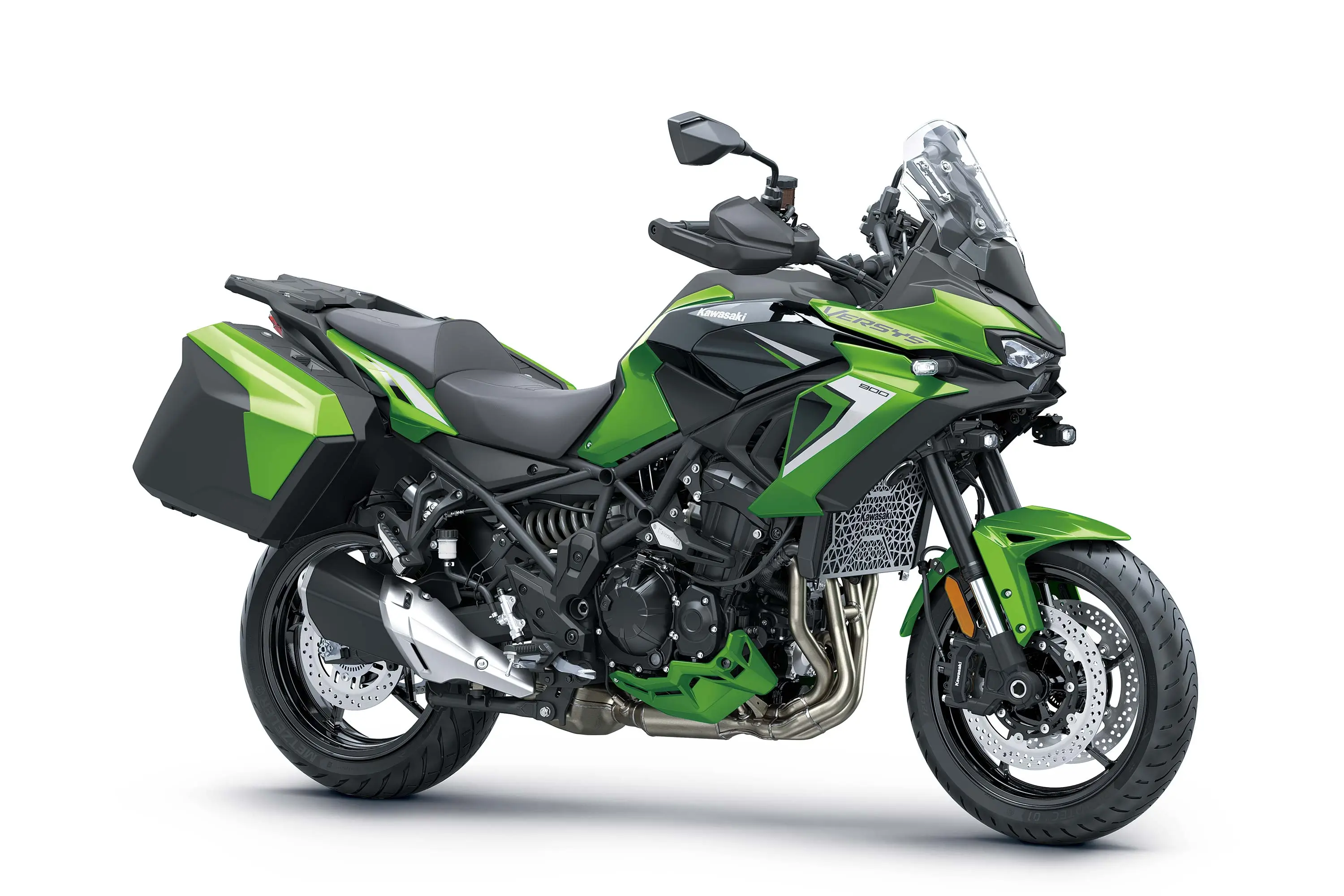 Three-quarter front angle of a motorcycle staged in a white studio background.