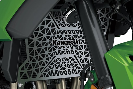 Kawasaki shield of a motorcycle staged in a white studio background. opens in a new window