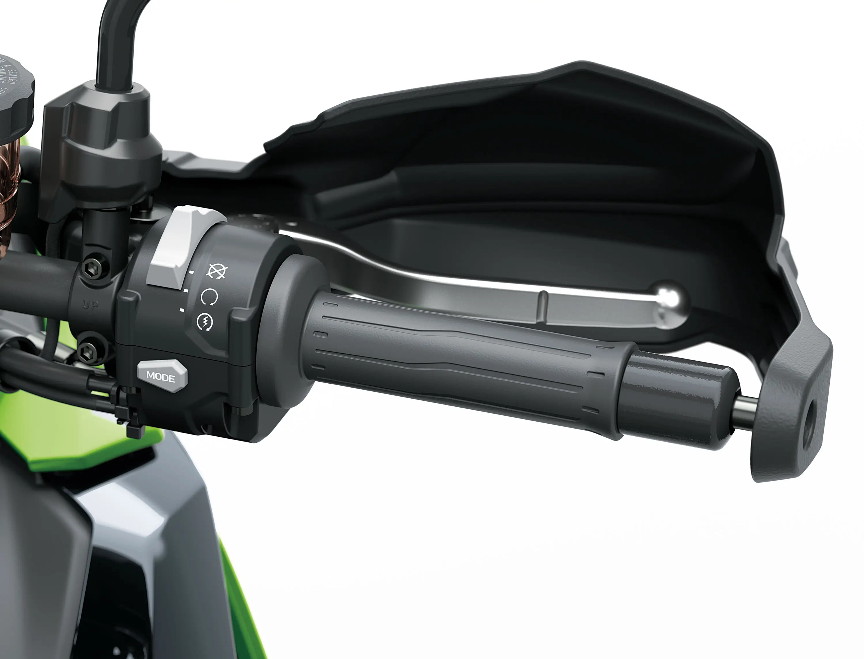 Right handlebar of a motorcycle staged in a white studio background.