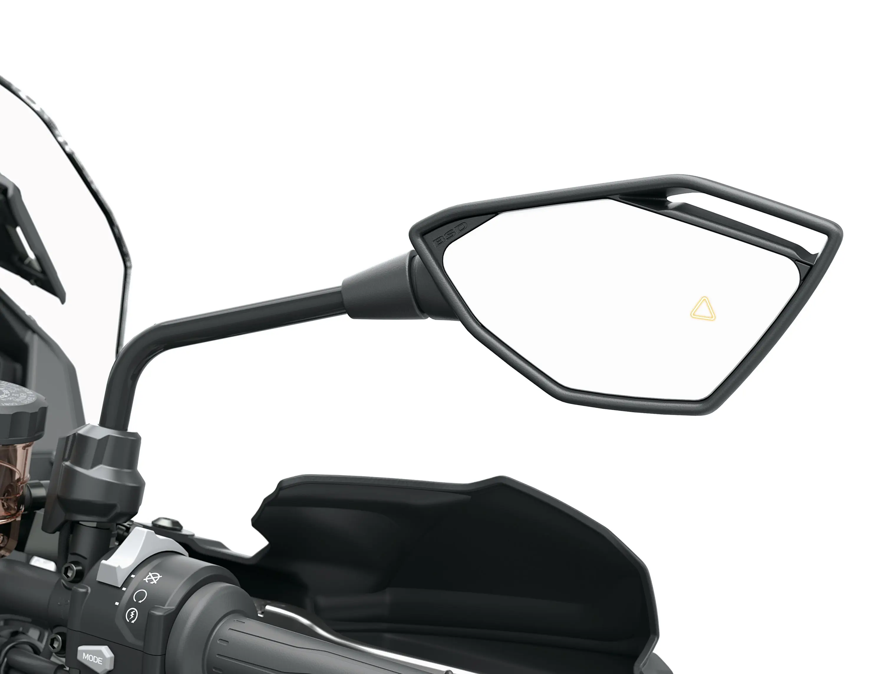 Mirror of a motorcycle staged in a white studio background.