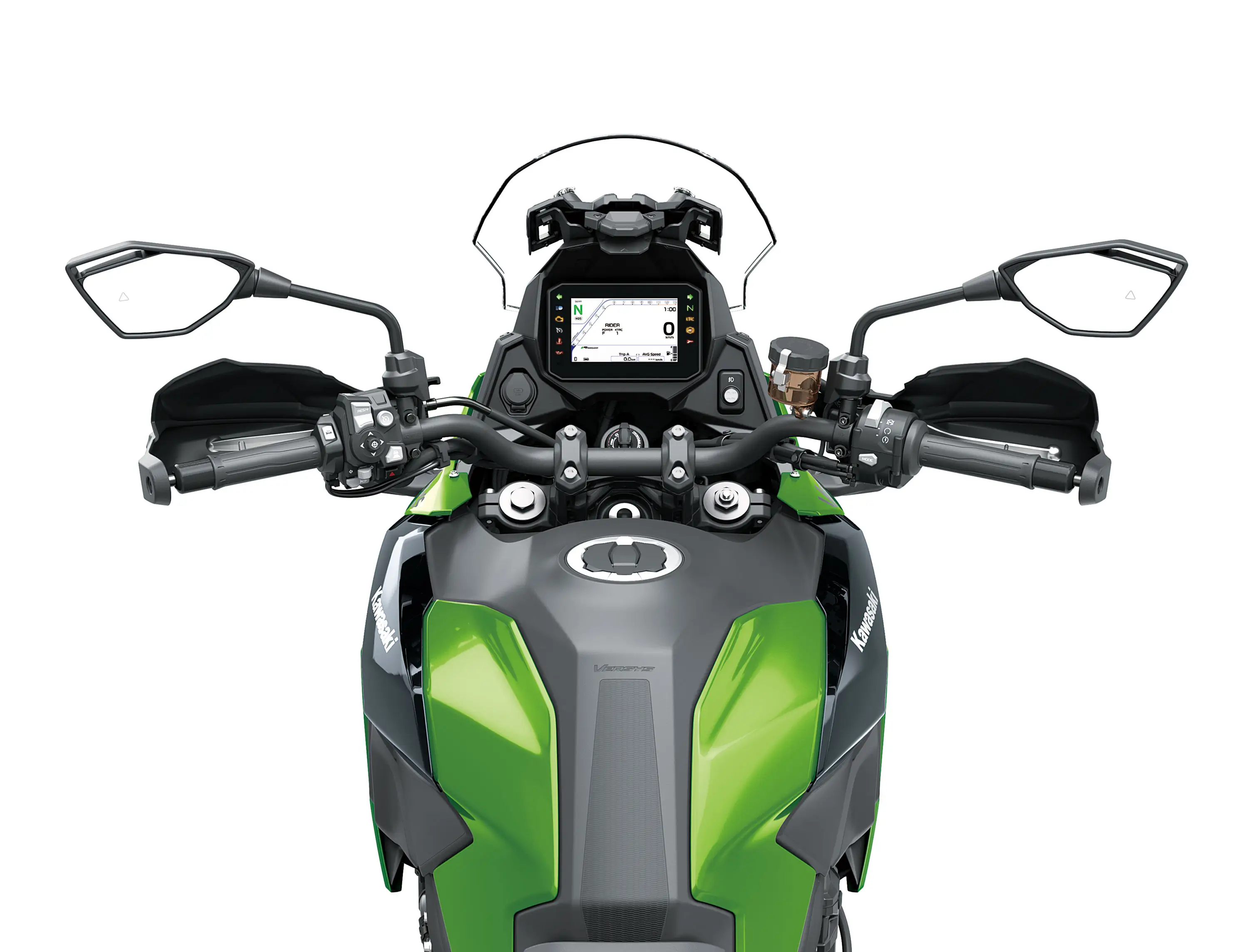 Rider POV of a motorcycle staged in a white studio background.