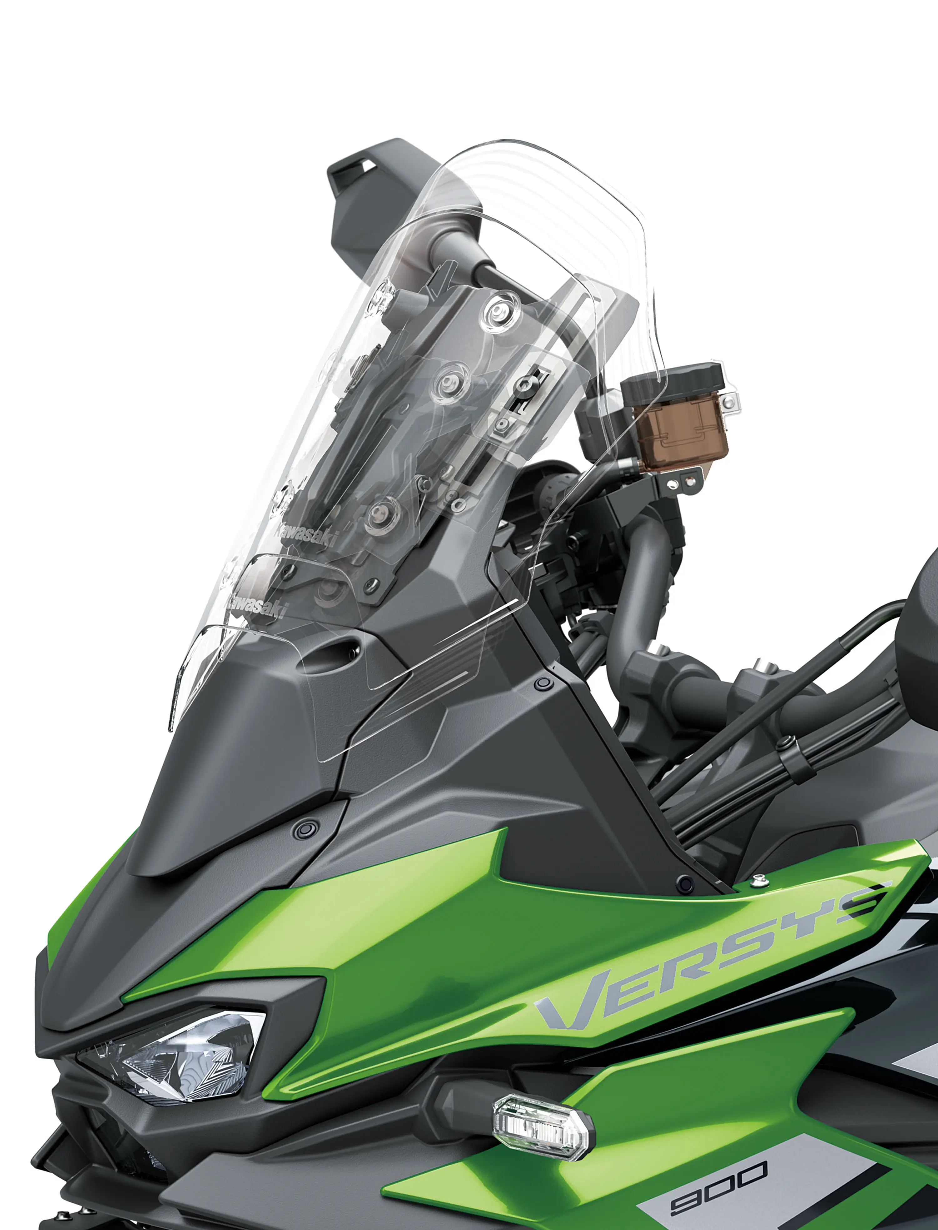 Front nose side of a motorcycle staged in a white studio background.