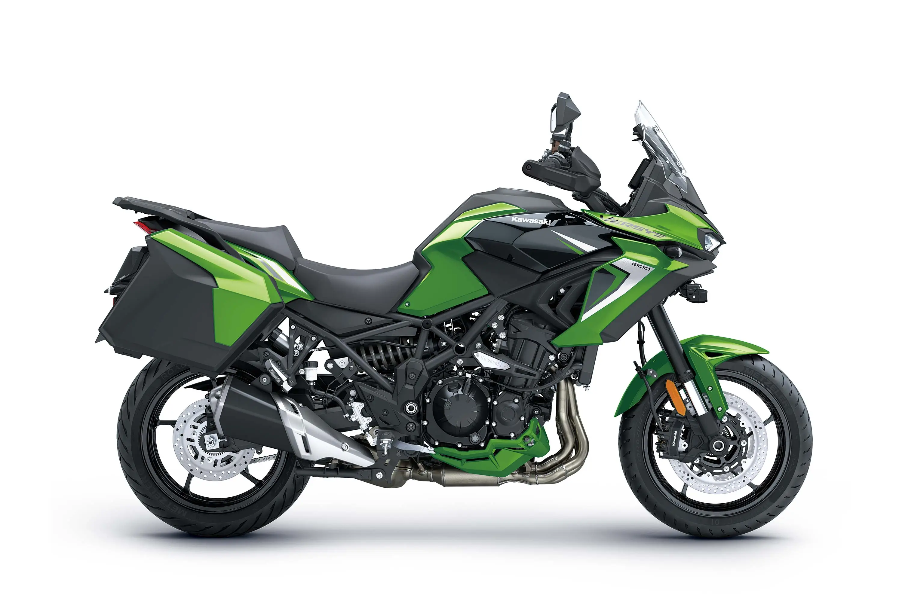 Profile angle of a motorcycle staged in a white studio background.