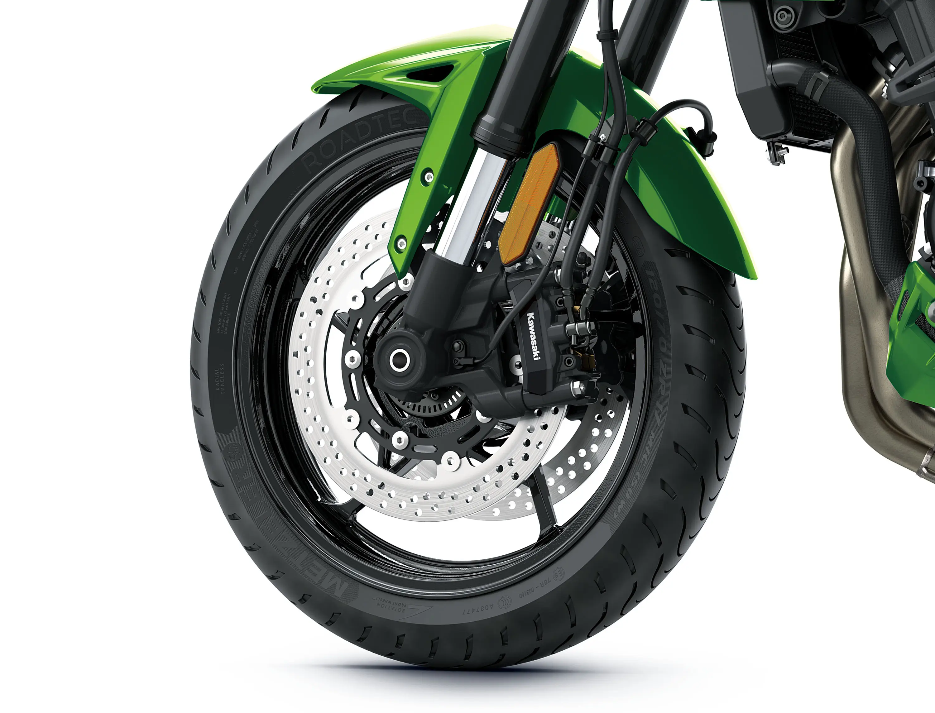 Front wheel of a motorcycle staged in a white studio background.
