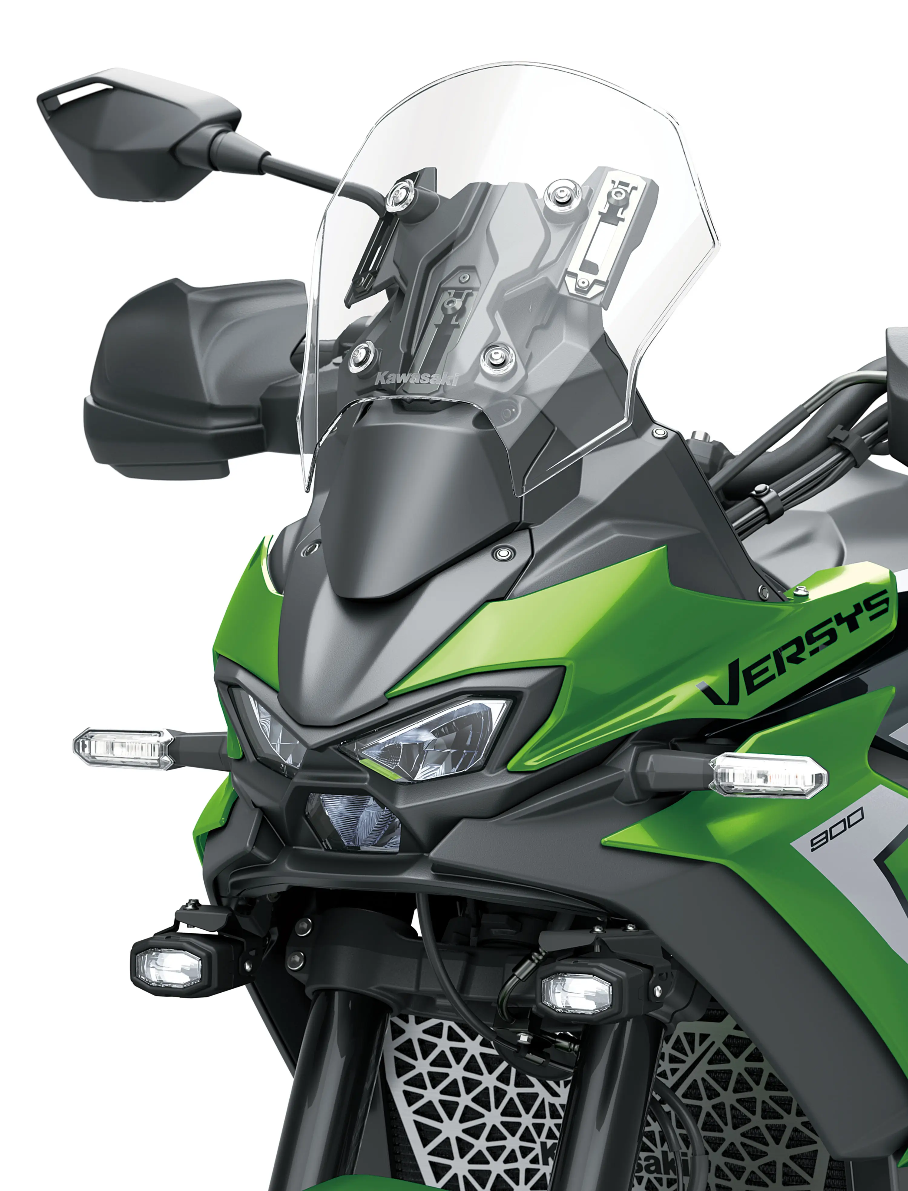 Front nose of a motorcycle staged in a white studio background.
