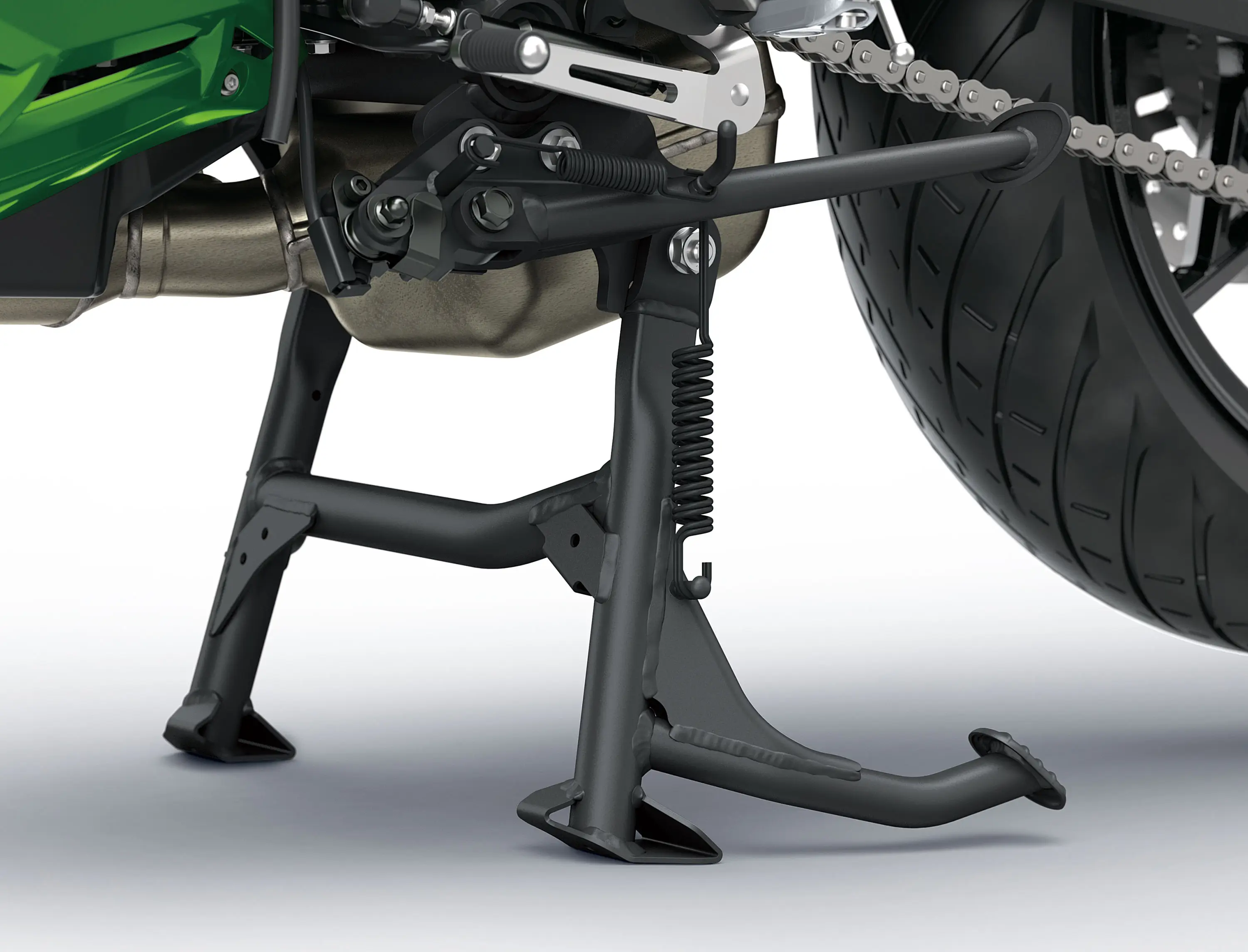 Motorcycle stand under a motorcycle staged in a white studio background.