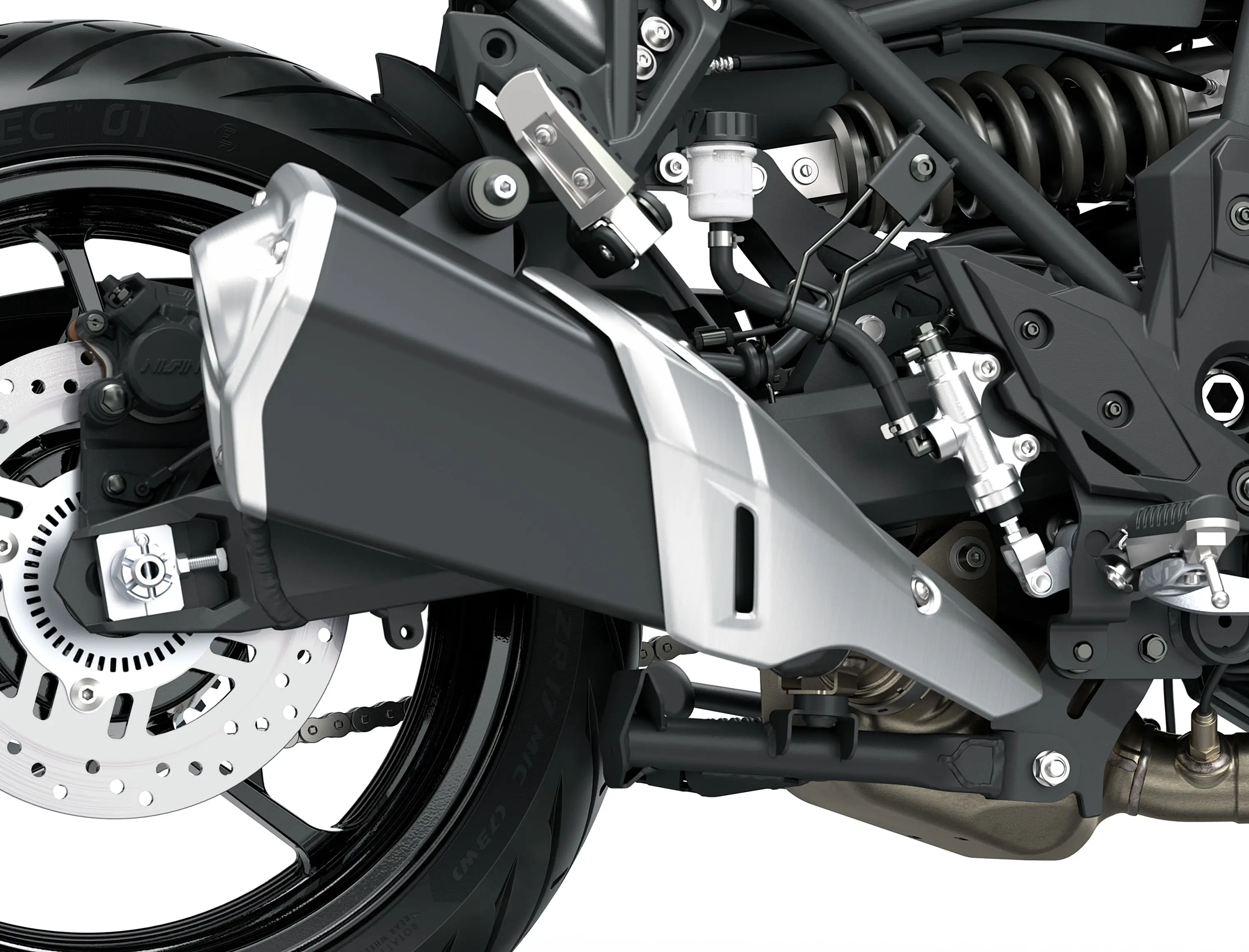 Exhaust of a motorcycle staged in a white studio background.