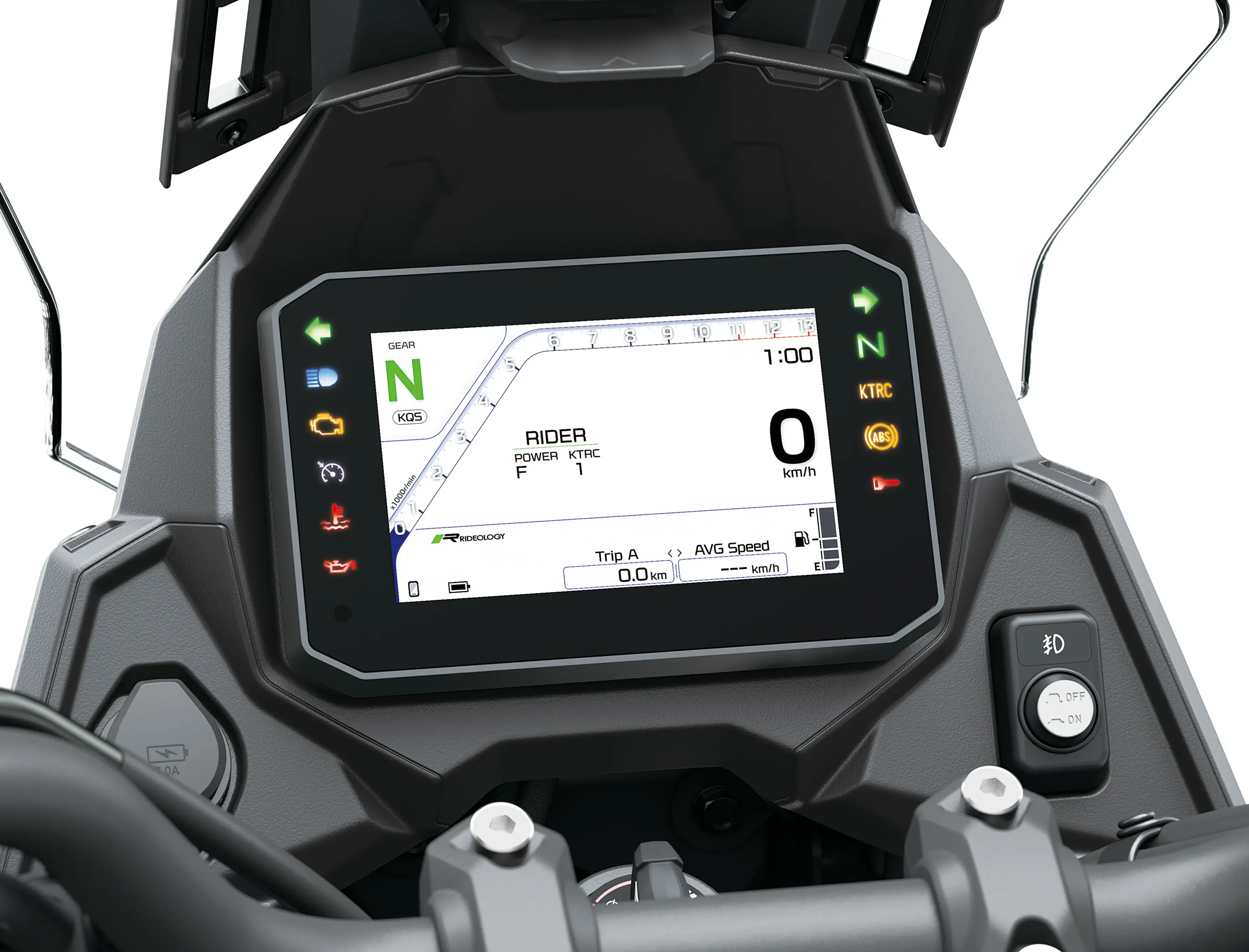Navigation screen of a motorcycle staged in a white studio background.