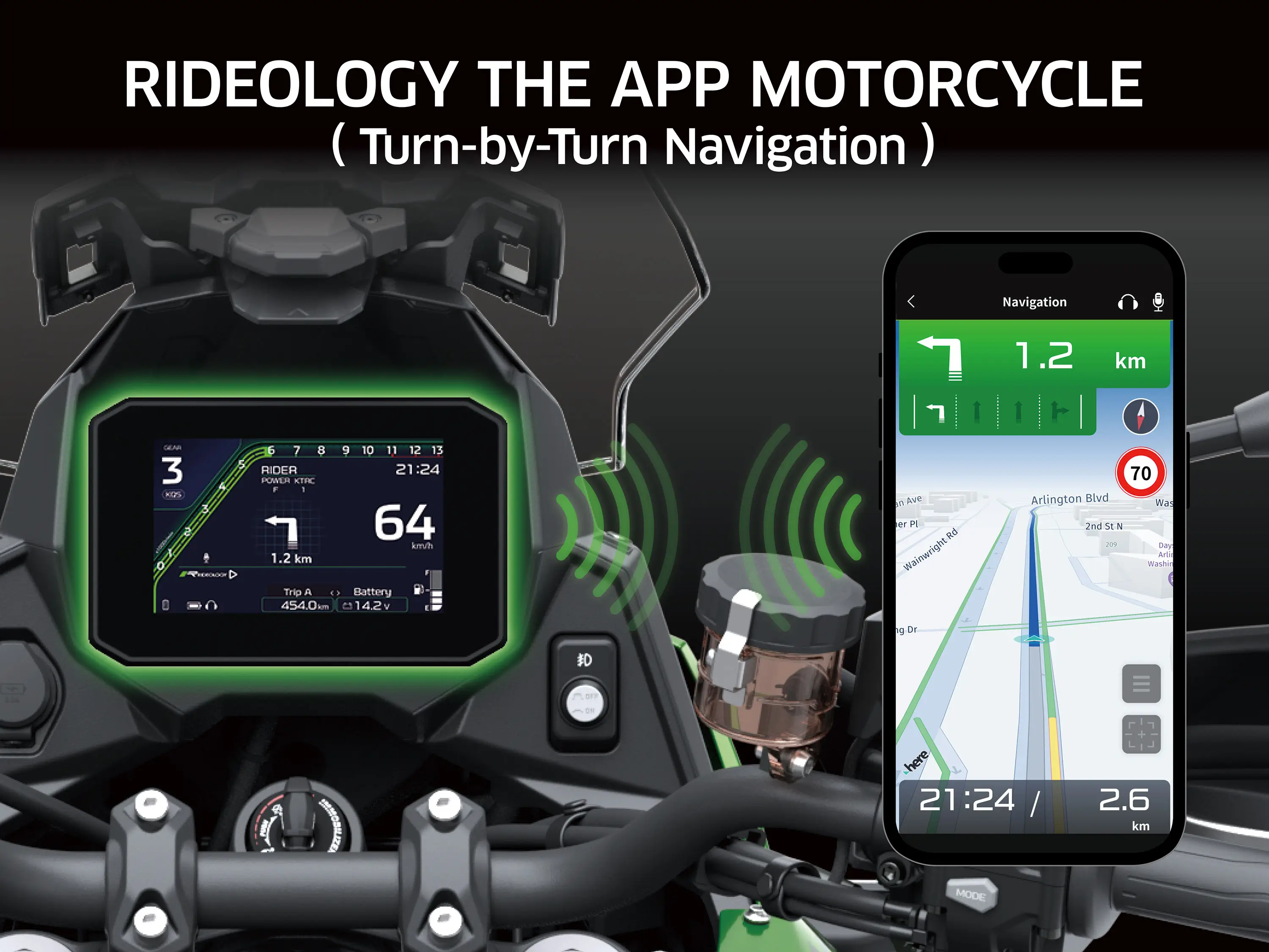 Graphic treatment showing RIDEOLOGY THE APP MOTORCYCLE of a motorcycle.