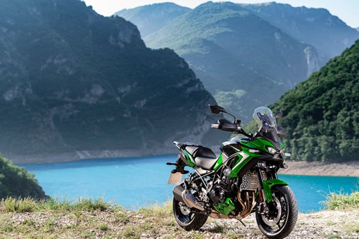 Three-quarter front angle of a motorcycle parked. opens in a new window
