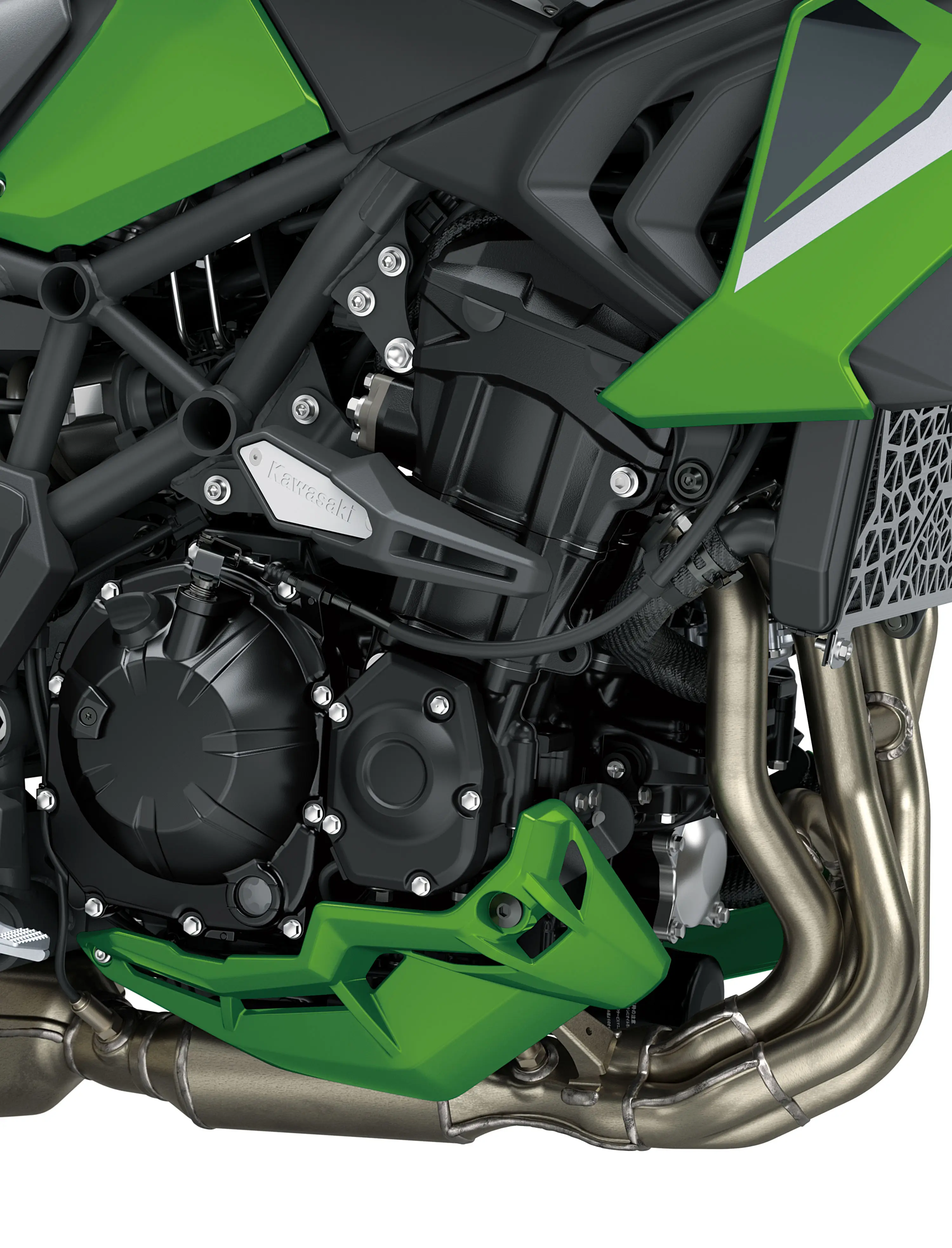 Engine of a motorcycle staged in a white studio background.