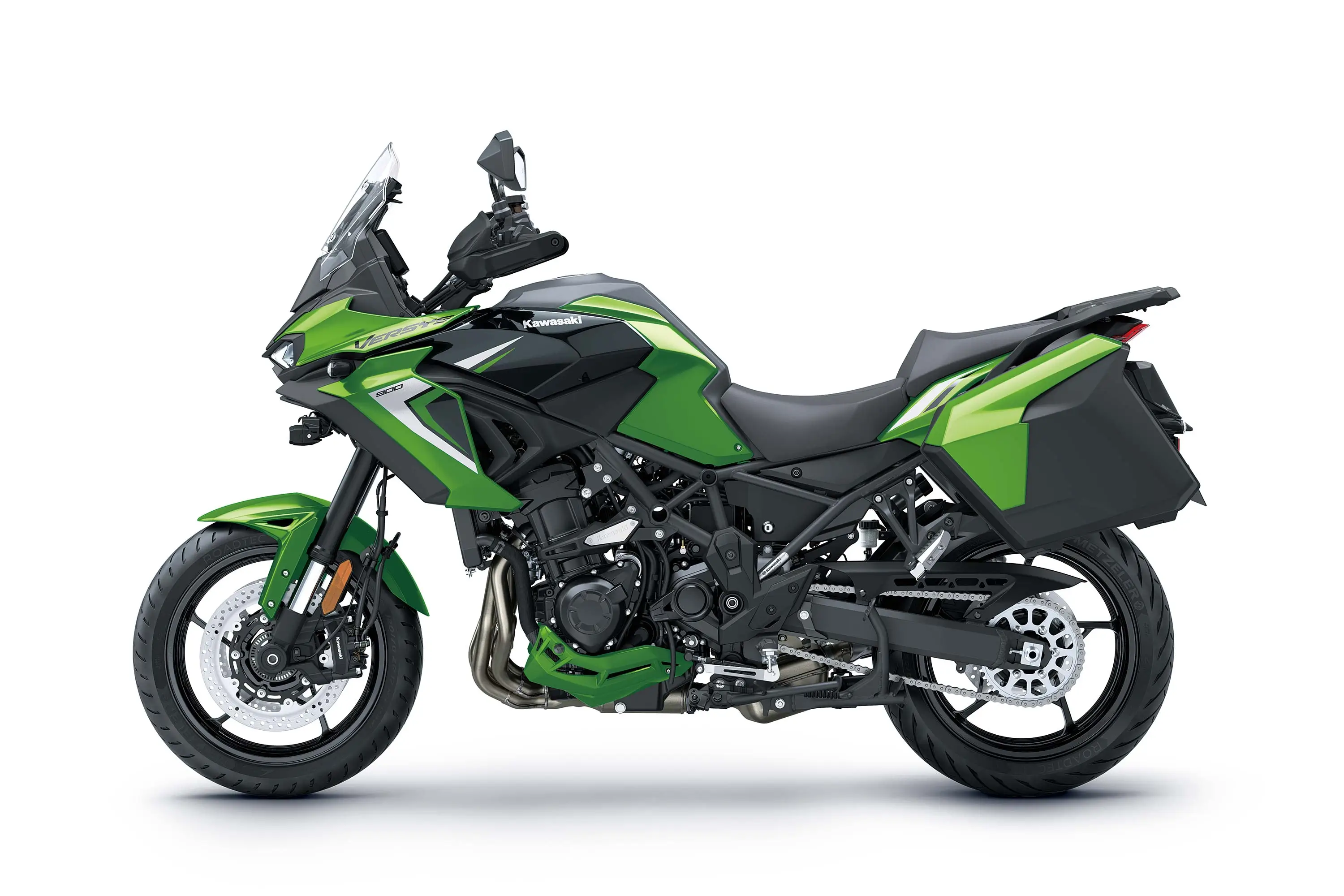 Side angle of a motorcycle staged in a white studio background.