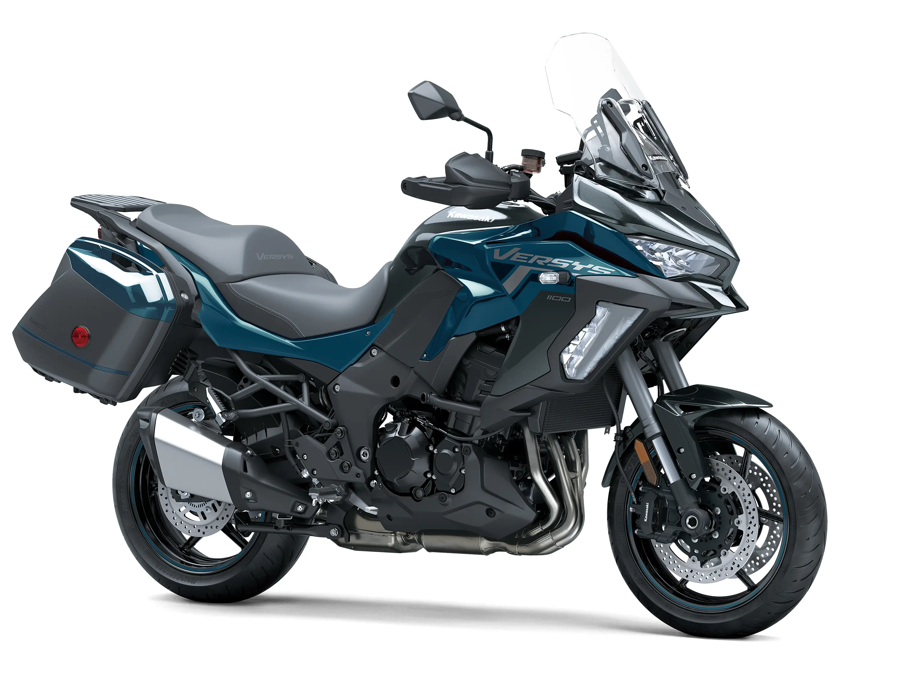 Three-quarter front angle of a motorcycle staged in a white studio background.