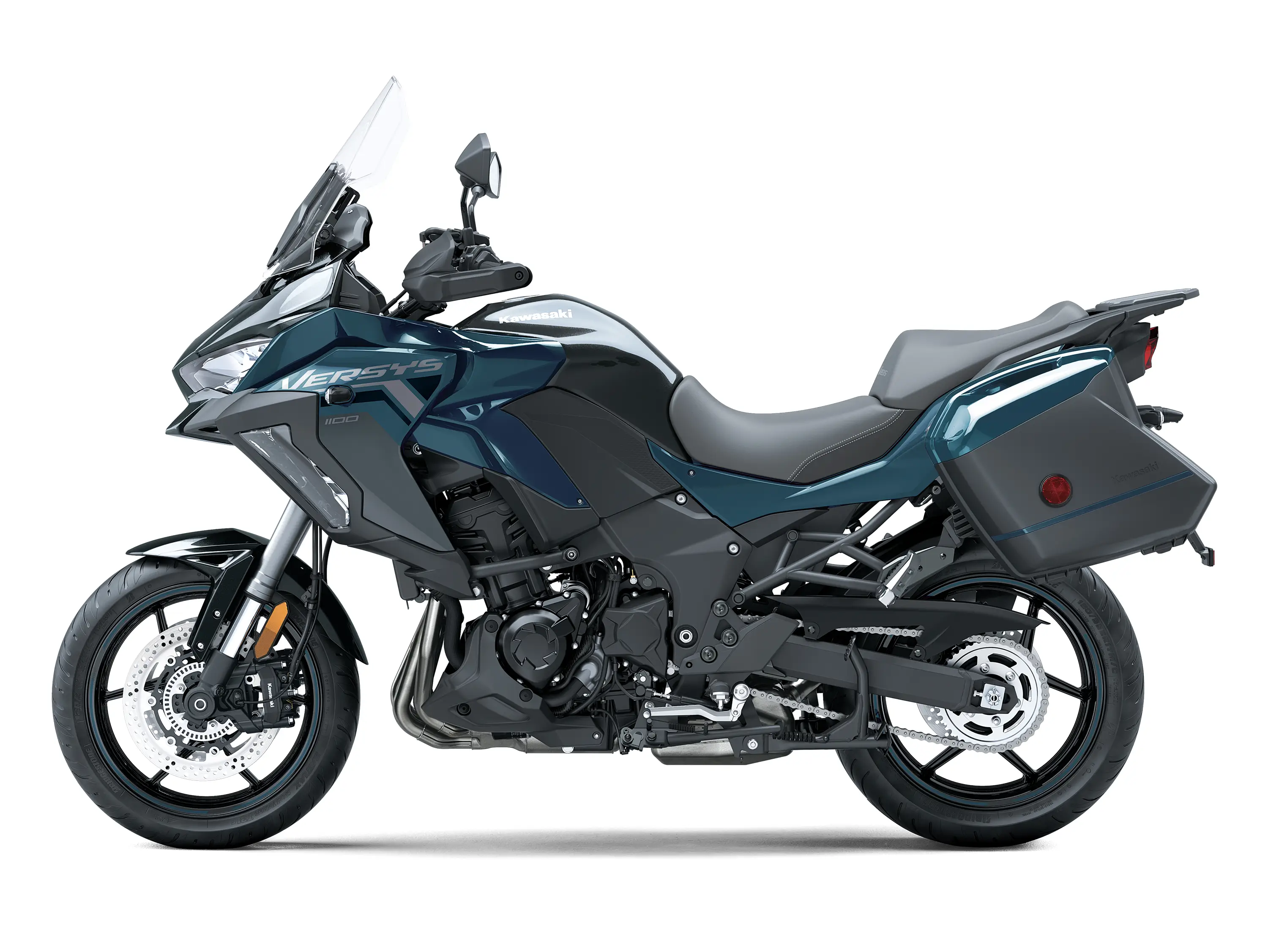 Side angle of a motorcycle staged in a white studio background.
