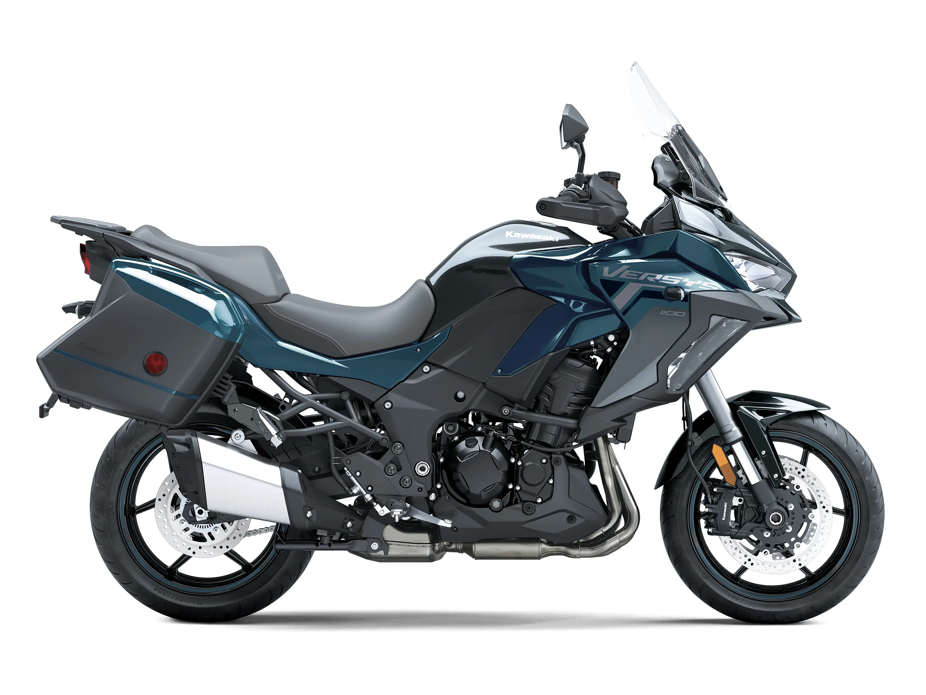 Profile angle of a motorcycle staged in a white studio background.