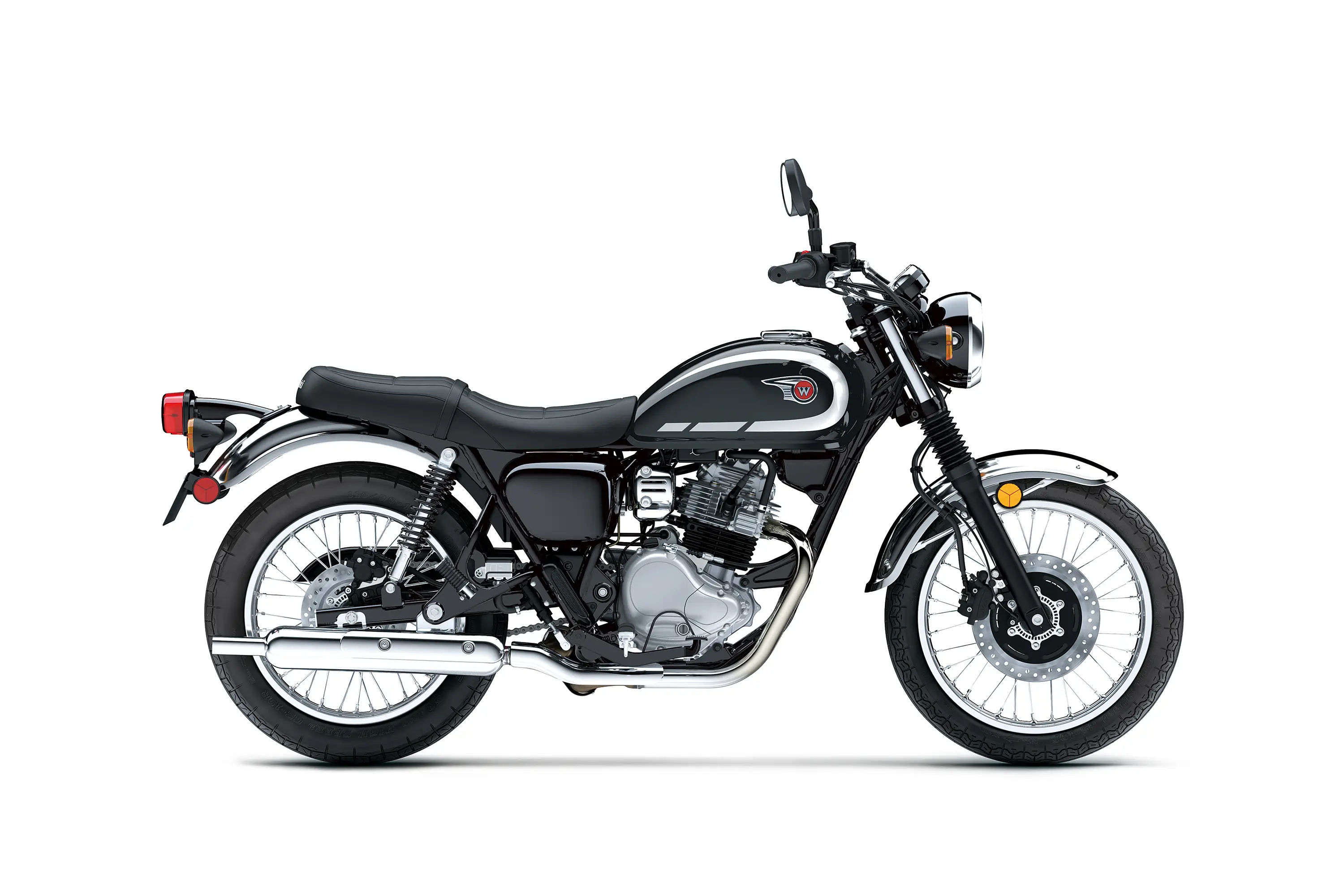 Profile angle of a motorcycle staged in a white studio background.