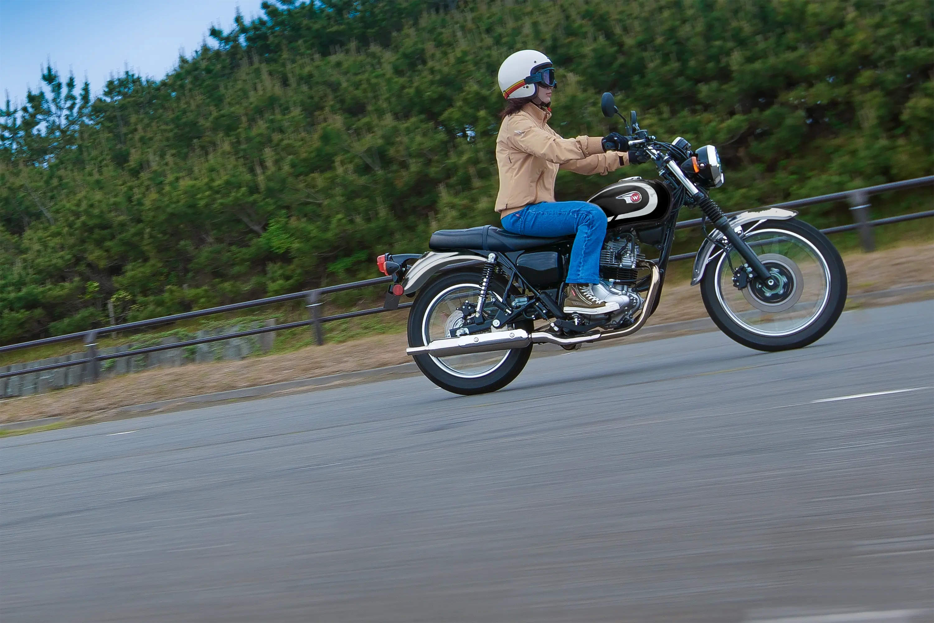 Side angle of a person riding a motorcycle on the street.