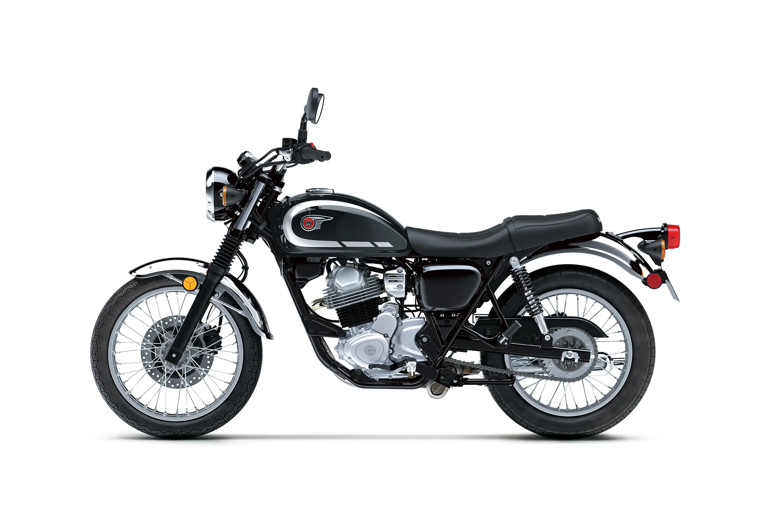 Side angle of a motorcycle staged in a white studio background.