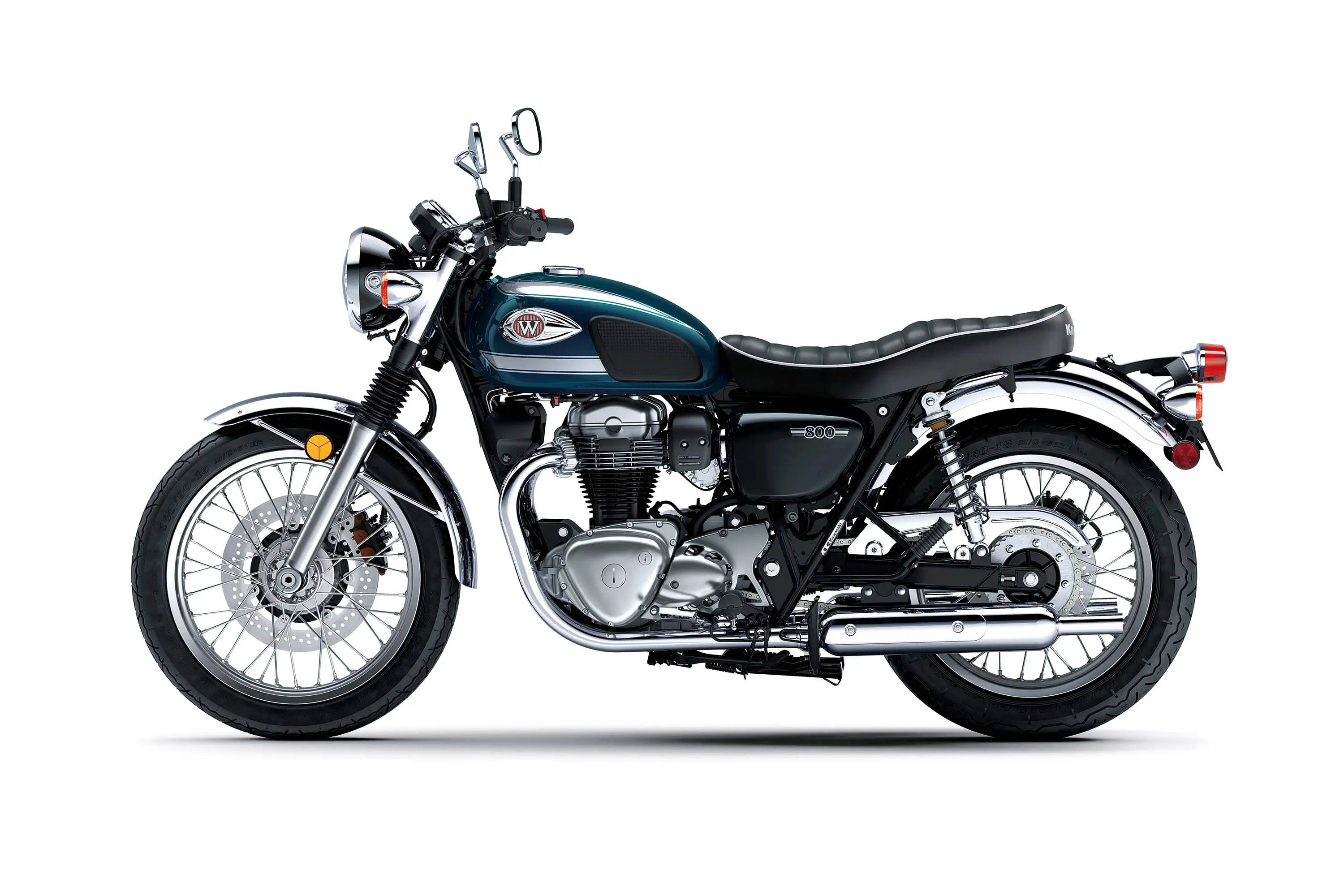 Profile angle of a motorcycle staged in a white studio background.