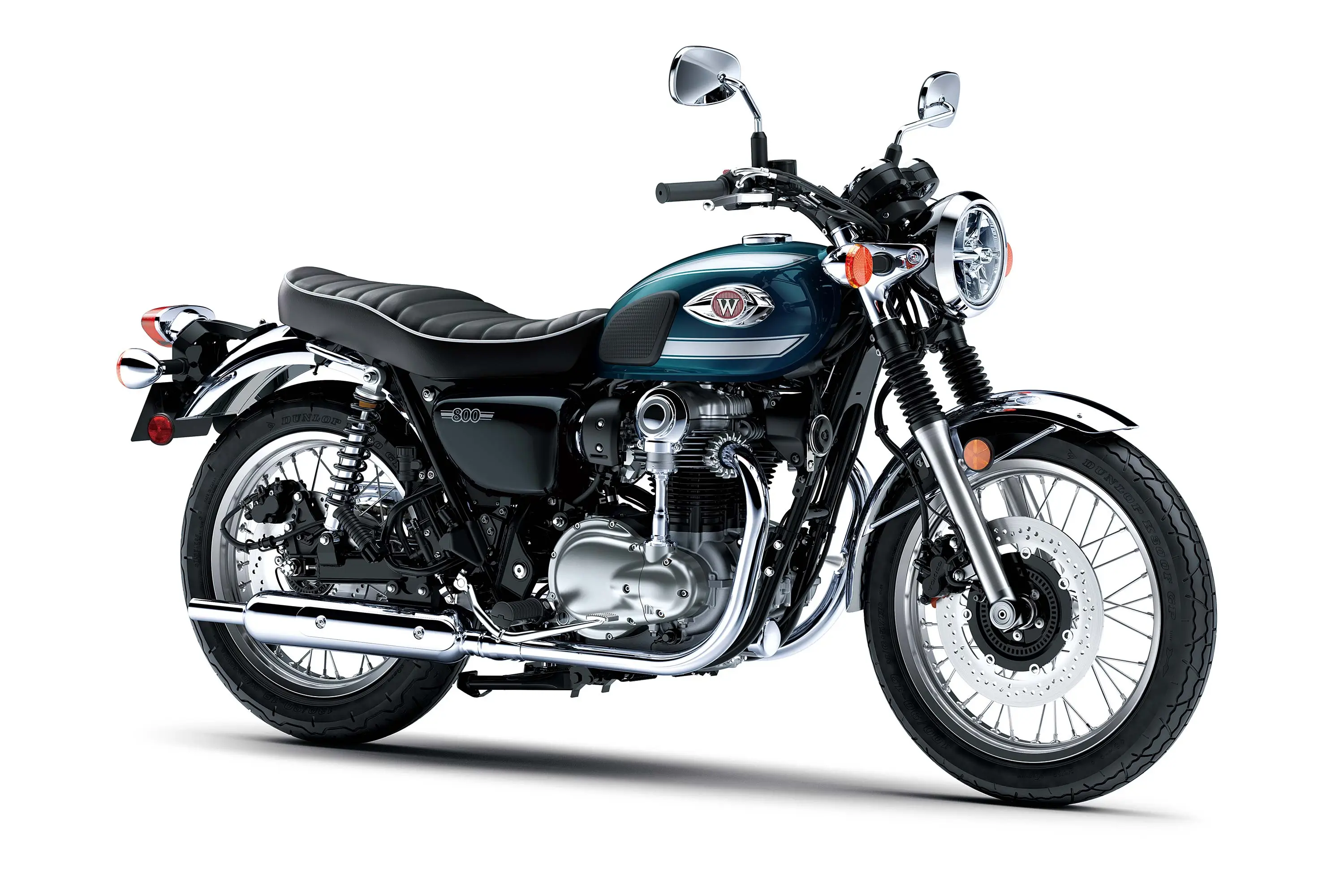 Three-quarter front angle of a motorcycle staged in a white studio background.