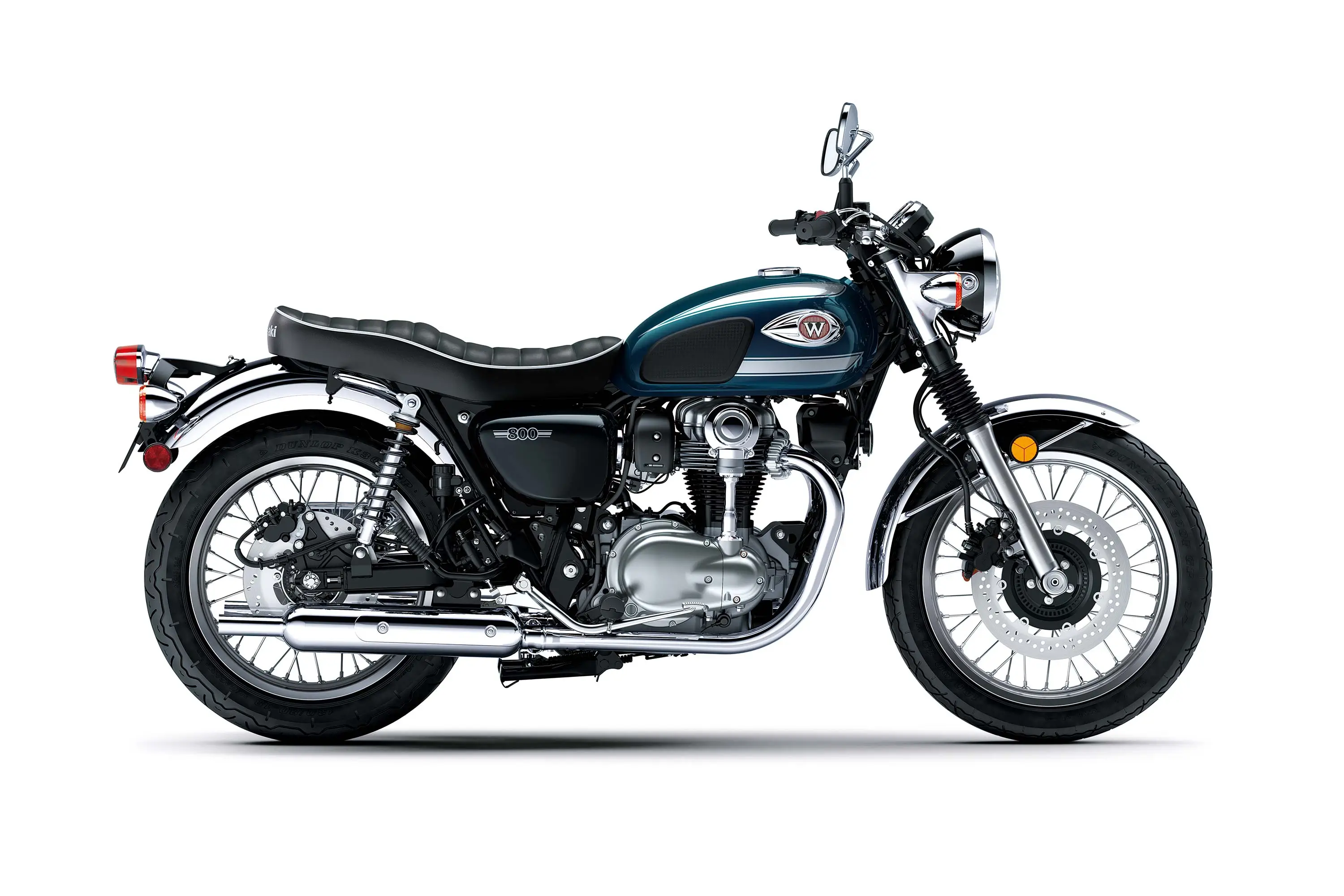 Side angle of a motorcycle staged in a white studio background.