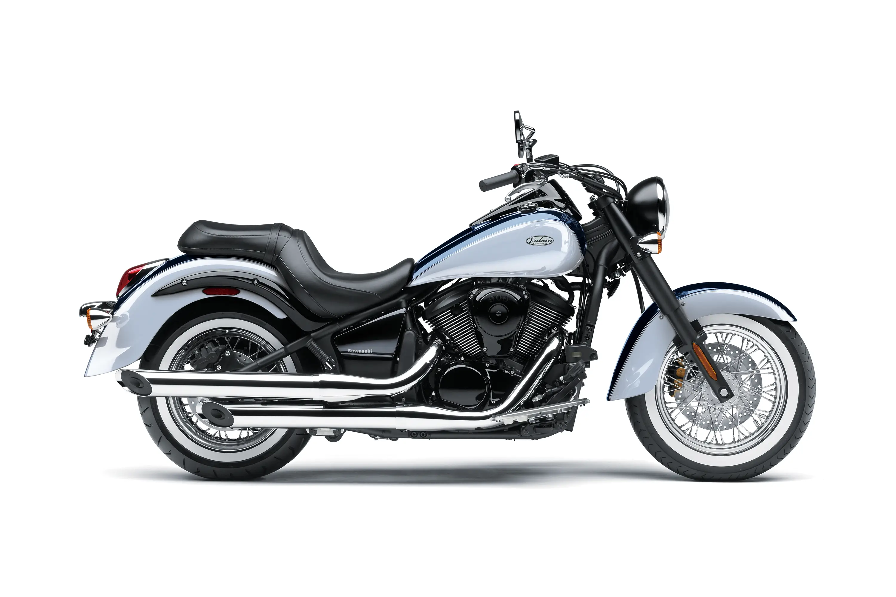 Side angle of a motorcycle staged in a white studio background.