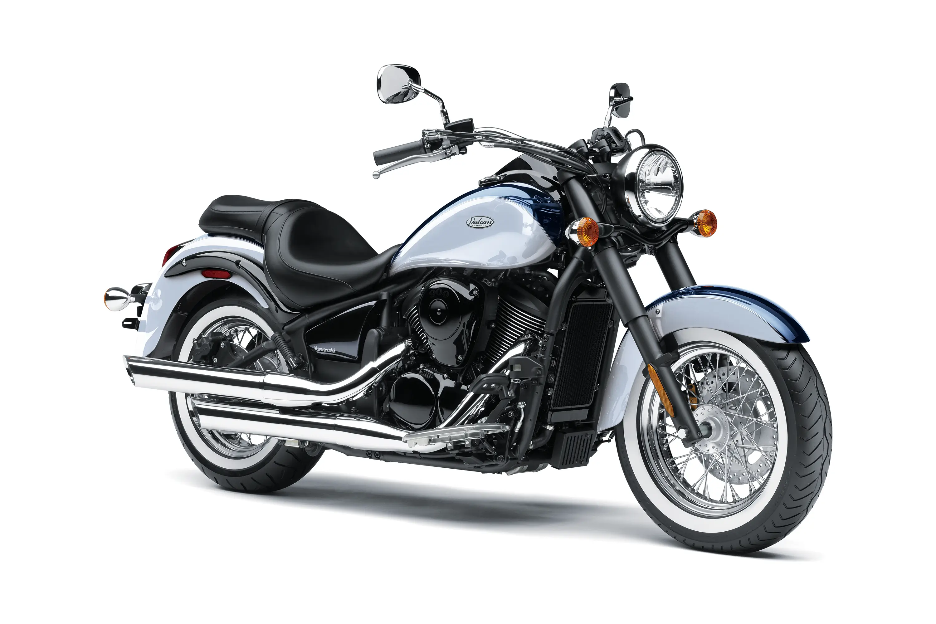 Three-quarter front angle of a motorcycle staged in a white studio background.