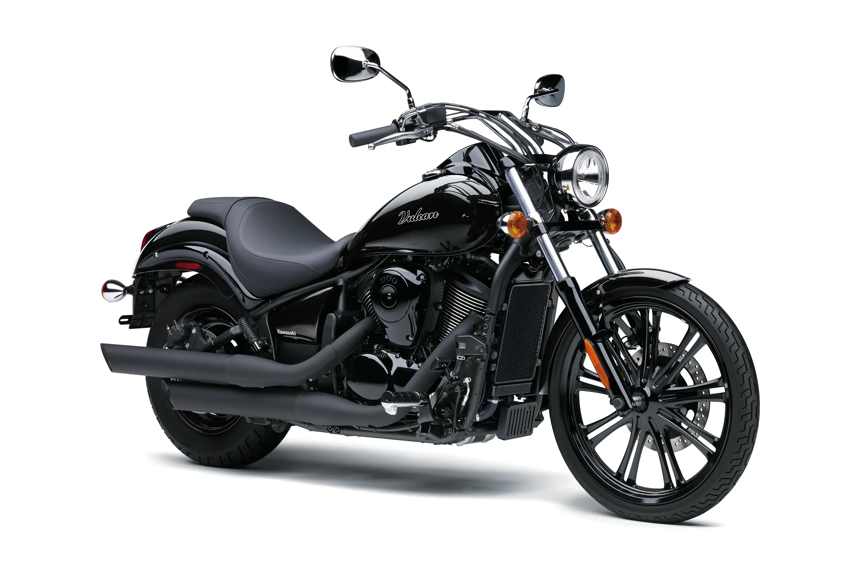 Three-quarter front angle of a motorcycle staged in a white studio background.