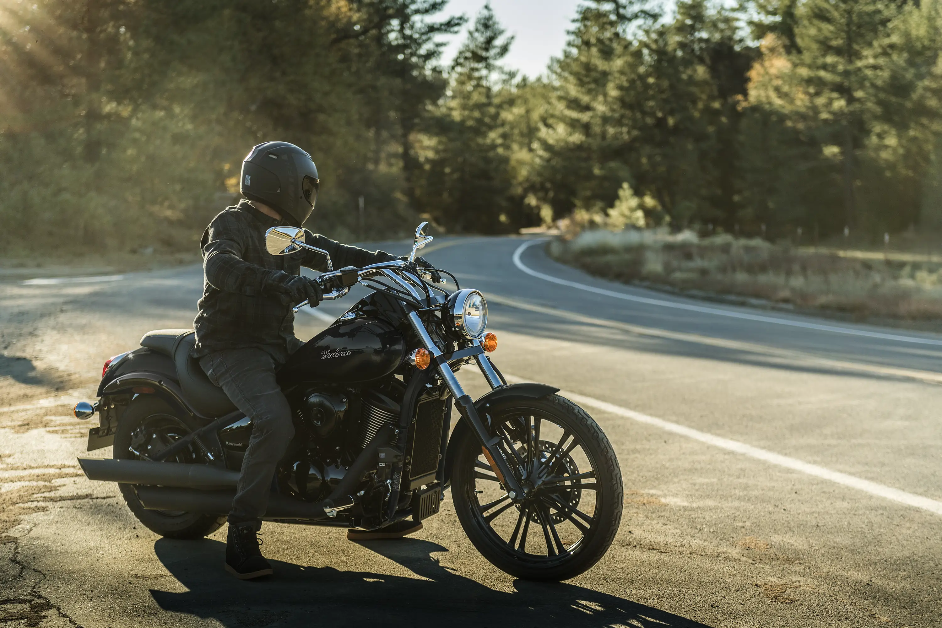 Side angle of a motorcycle parked.