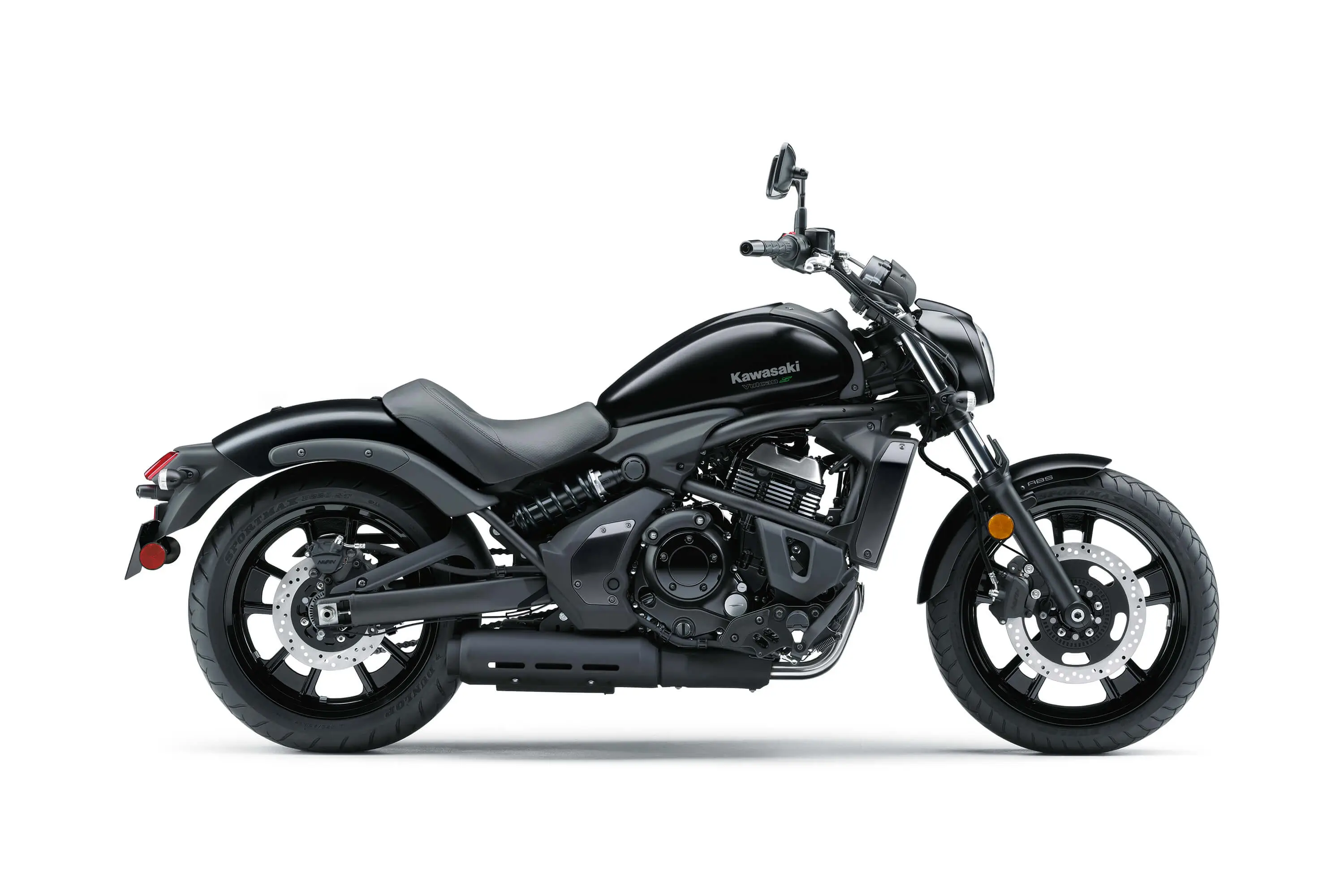 Profile side angle of a black motorcycle staged in a white studio background.