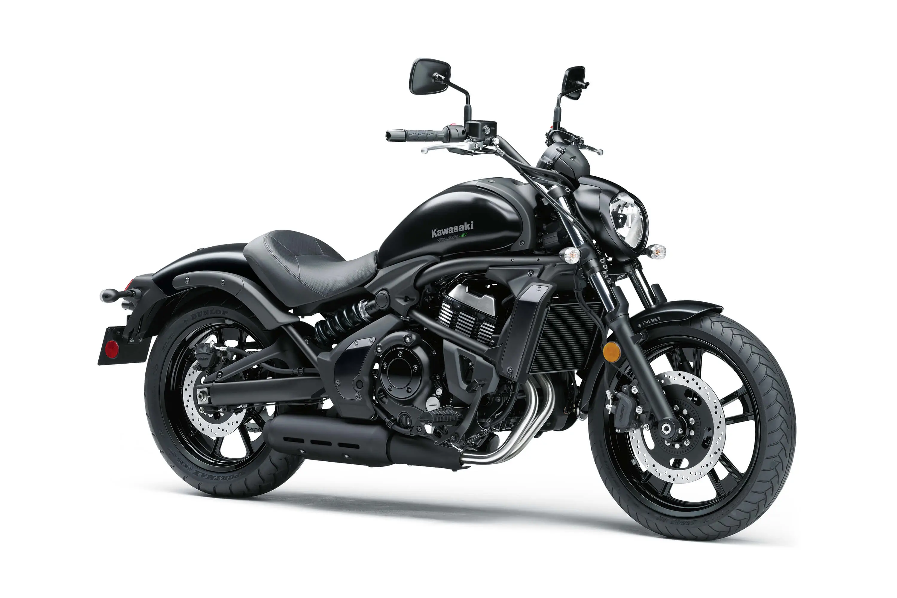 Front three-quarter angle of a black motorcycle staged in a white studio background.
