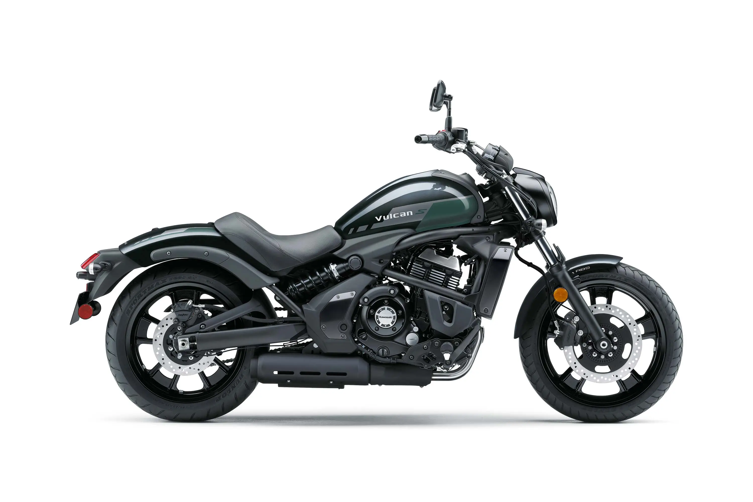 Side angle of a motorcycle staged in a white studio background.