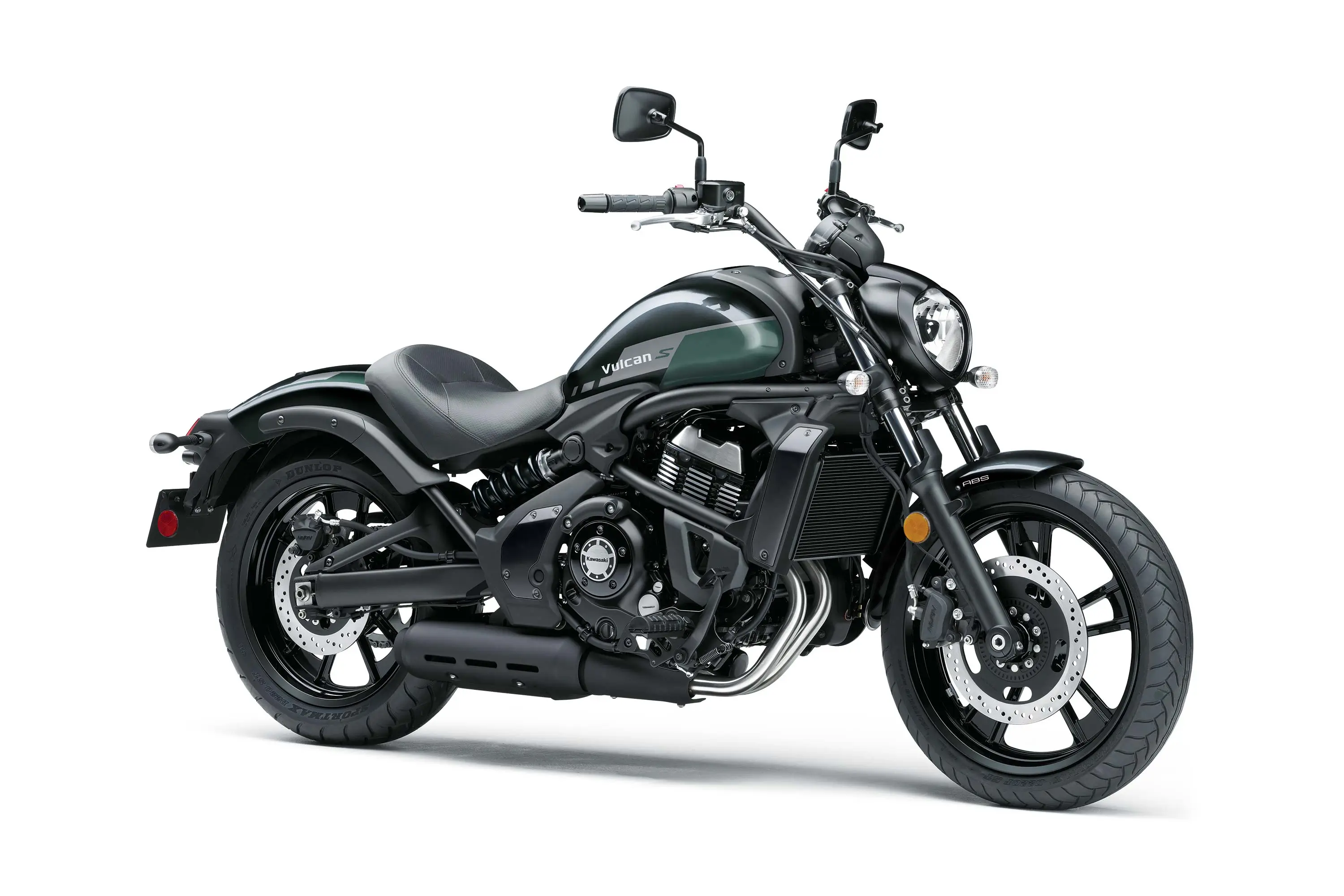 Three-quarter front angle of a motorcycle staged in a white studio background.