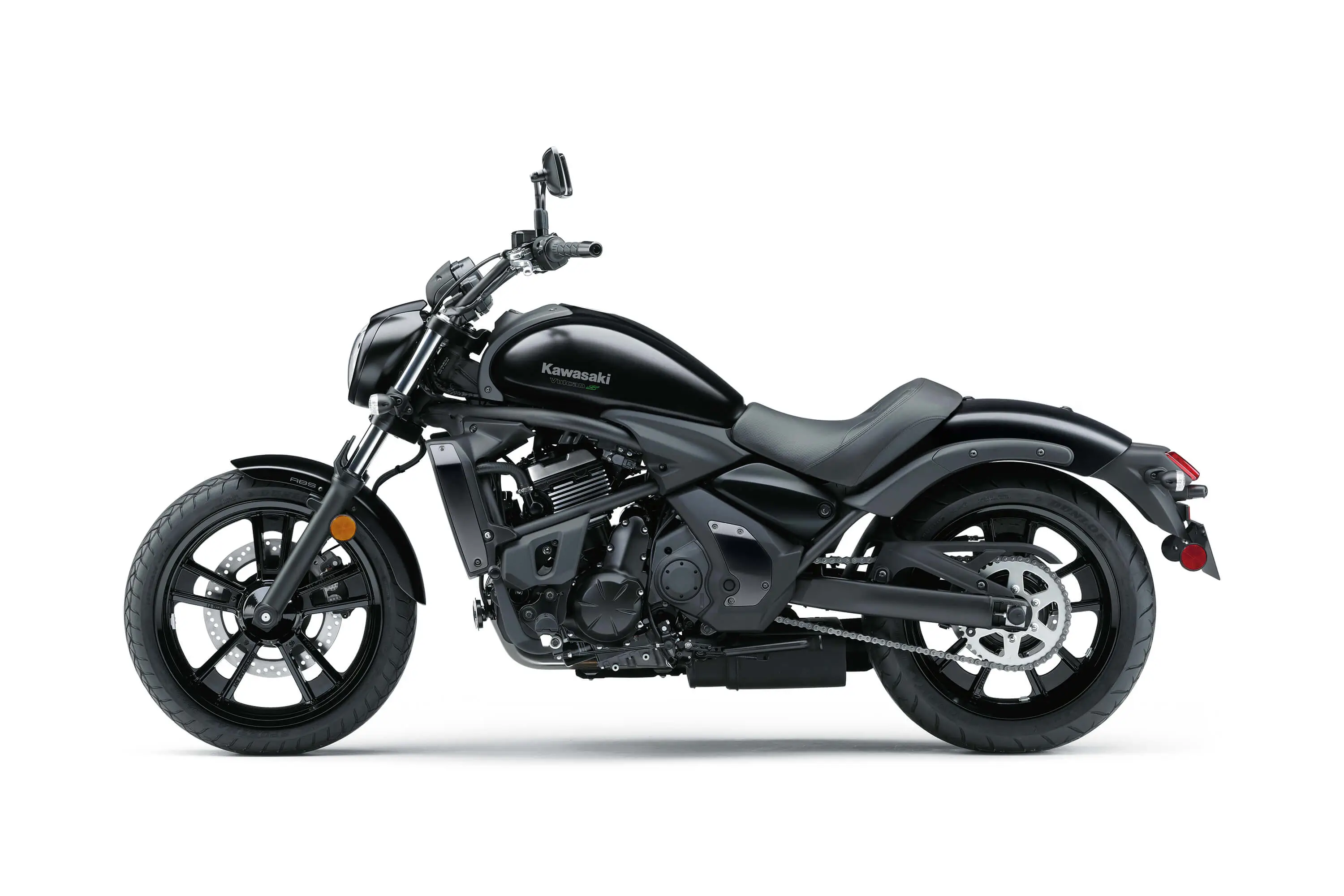Side profile angle of a black motorcycle staged in a white studio background.