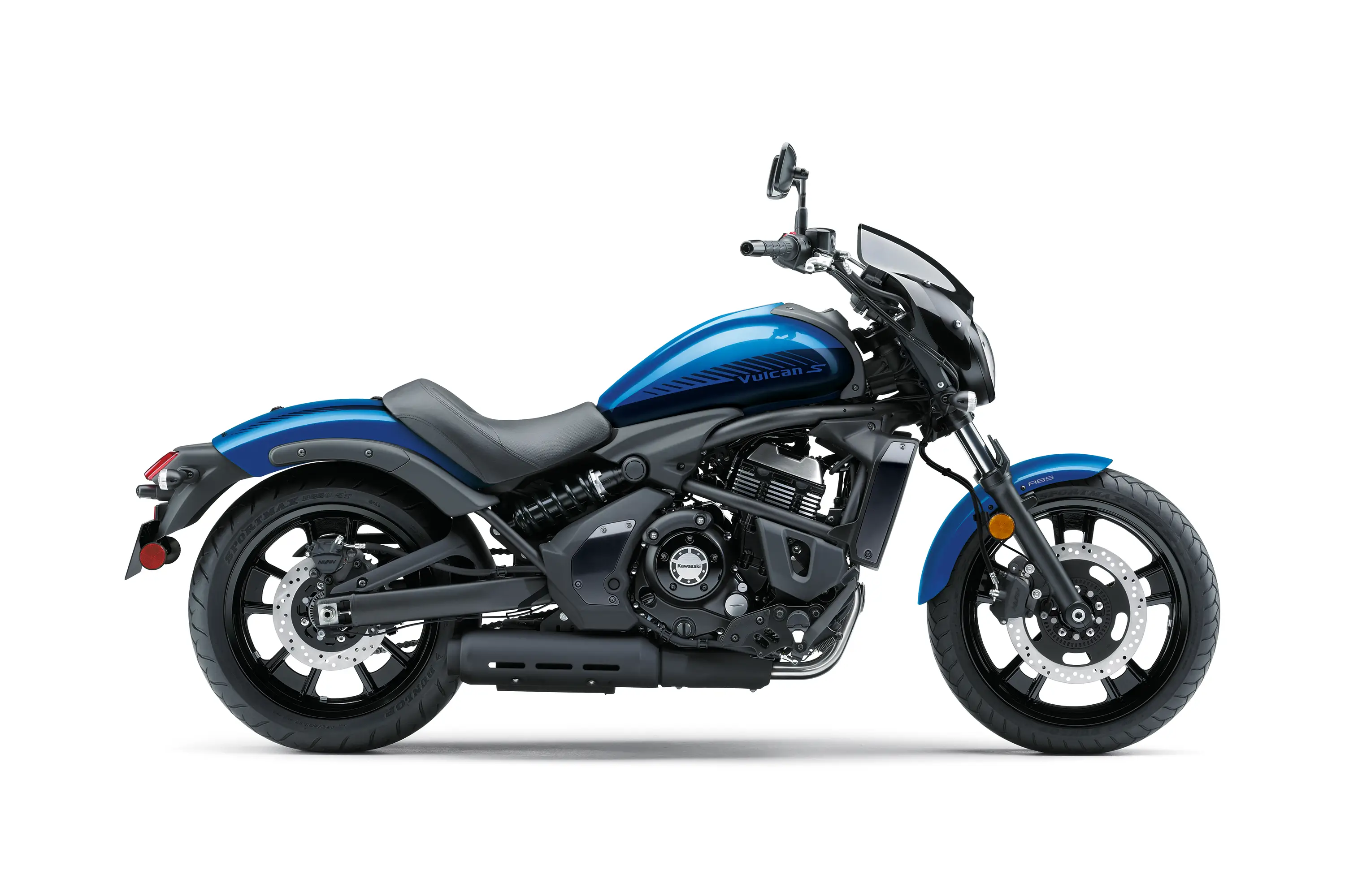 Side angle of a motorcycle staged in a white studio background.