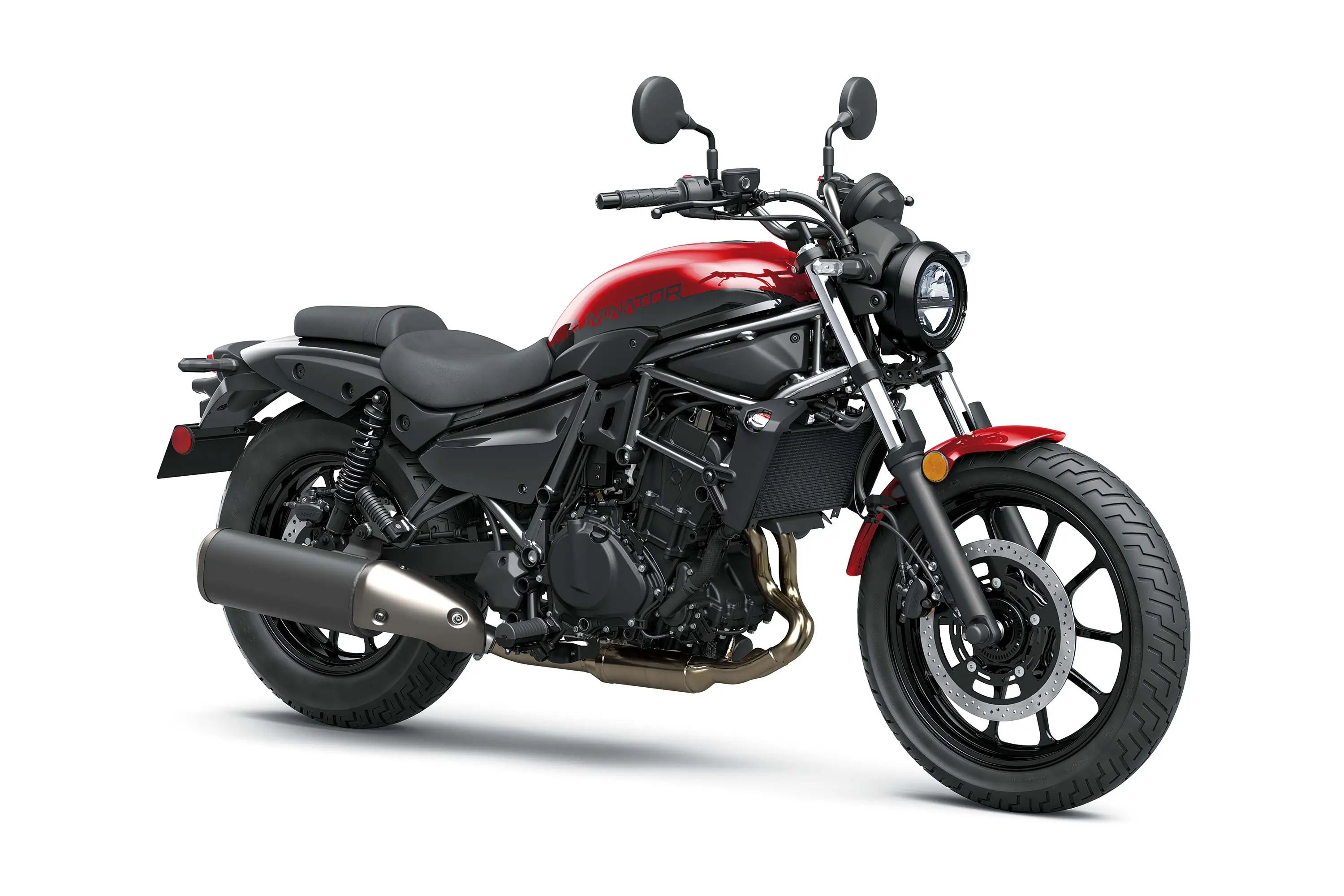 Three-quarter front angle of a motorcycle staged in a white studio background.