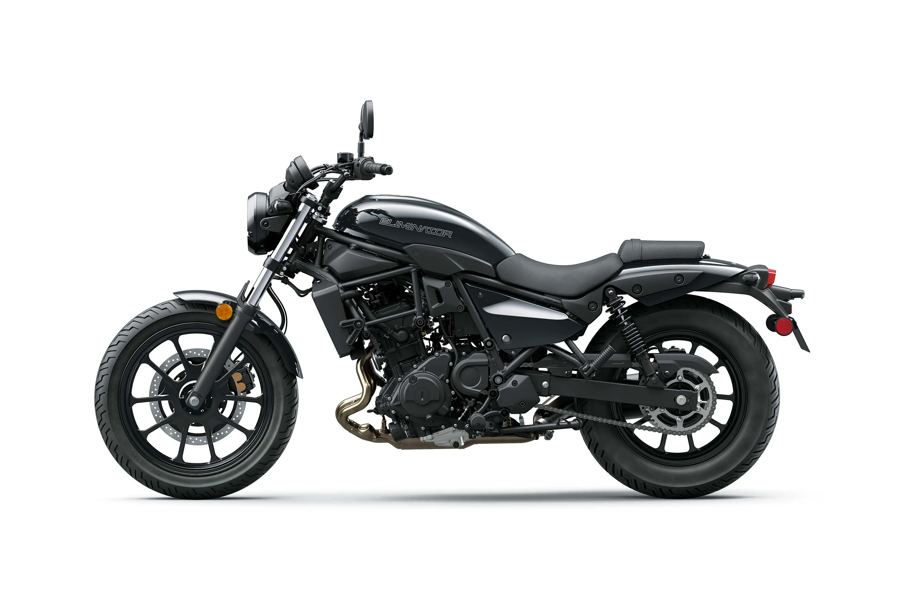Side profile angle of a black motorcycle staged in a white studio background.