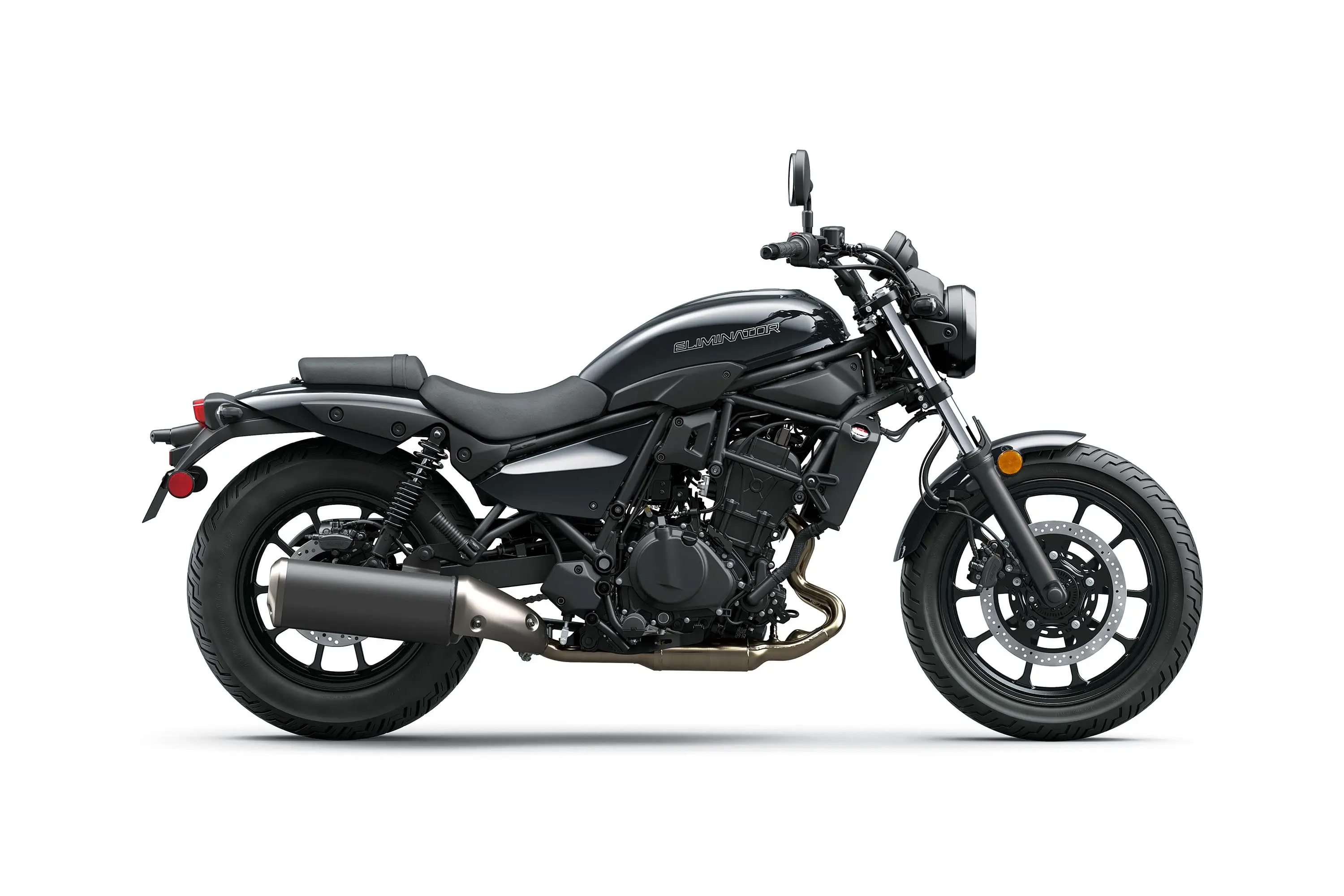 Profile side angle of a black motorcycle staged in a white studio background.